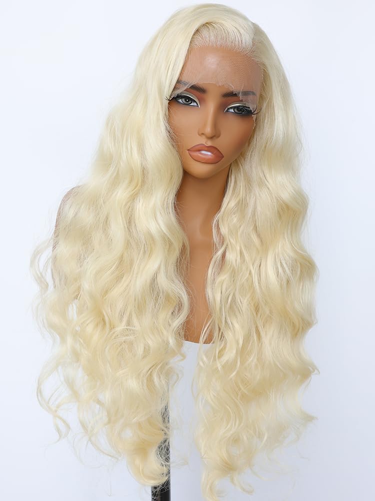 SOKU 13x6 Lace Frontal Water Wave Wigs with Baby Hair Natural Black 34 Inch Long Synthetic Hair Pre-plucked Free Part Transparent Swiss Lace Front Wavy Wigs for Women