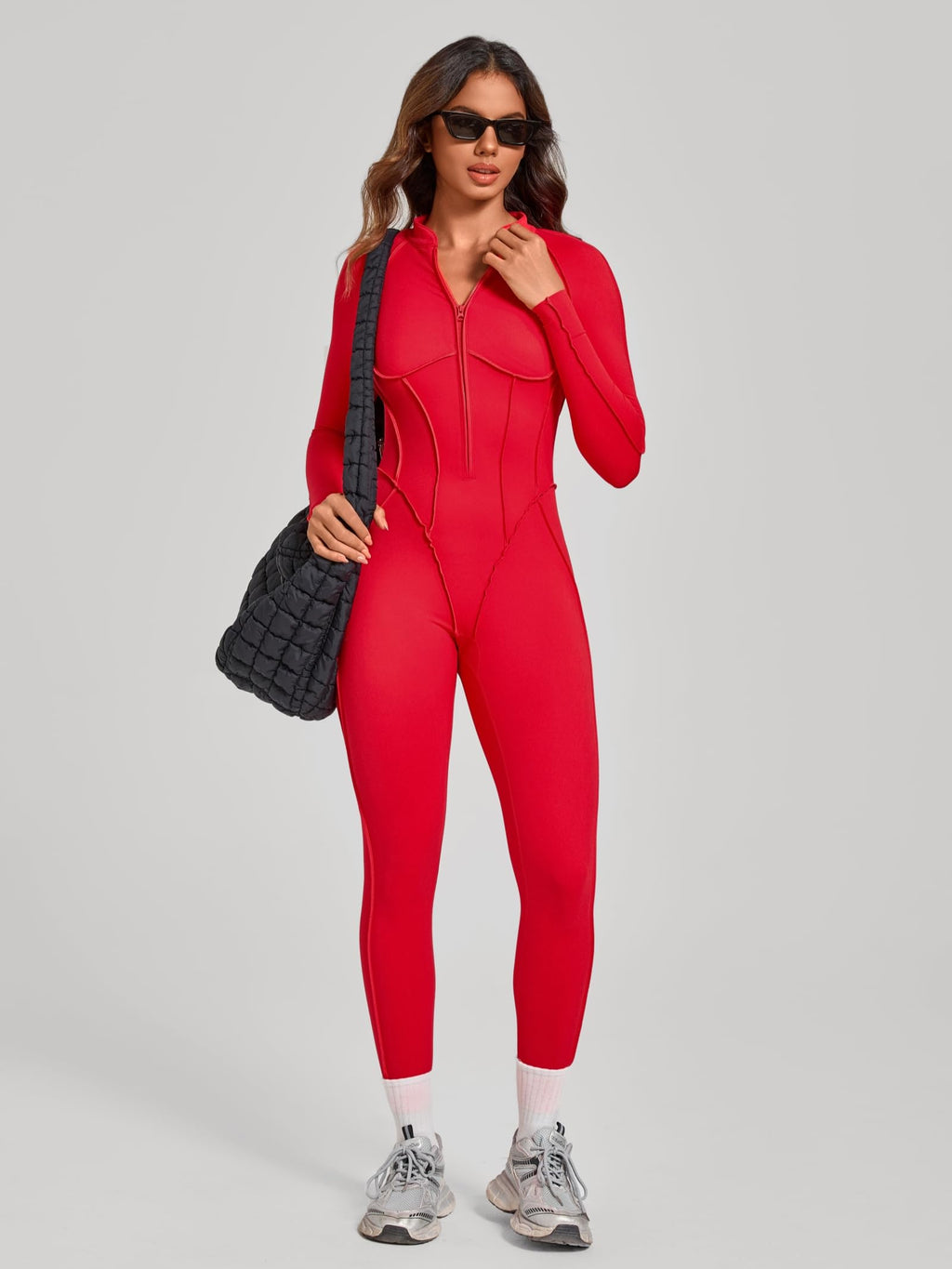 ABOCIW Womens Zipper Long Long Sleeve Workout Jumpsuit Contouring Seams Backless Bodysuit Yoga Rompers Catsuit