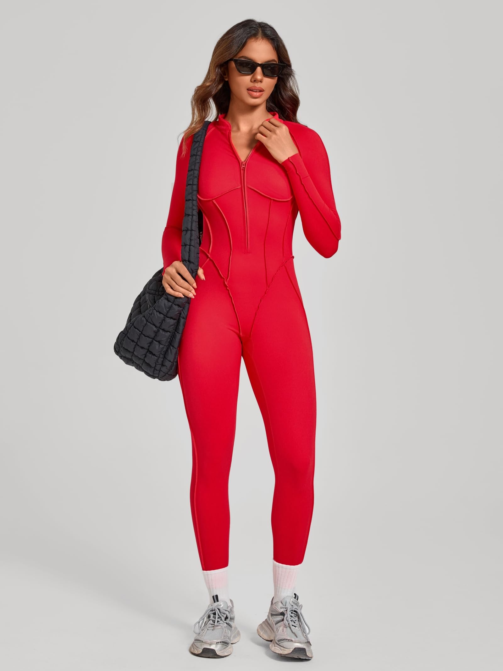 ABOCIW Womens Zipper Long Long Sleeve Workout Jumpsuit Contouring Seams Backless Bodysuit Yoga Rompers Catsuit