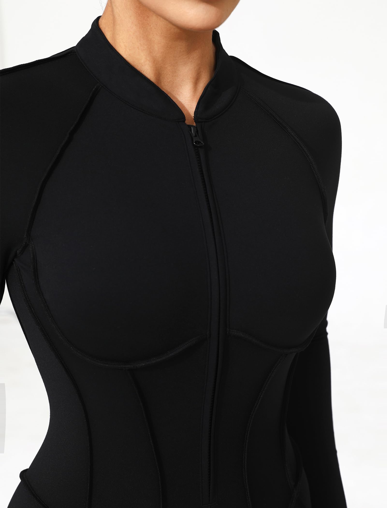 ABOCIW Womens Zipper Long Long Sleeve Workout Jumpsuit Contouring Seams Backless Bodysuit Yoga Rompers Catsuit