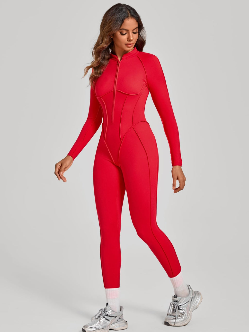 ABOCIW Womens Zipper Long Long Sleeve Workout Jumpsuit Contouring Seams Backless Bodysuit Yoga Rompers Catsuit