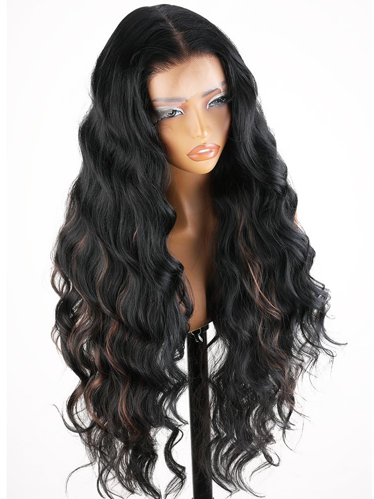 SOKU 13x6 Lace Frontal Water Wave Wigs with Baby Hair Natural Black 34 Inch Long Synthetic Hair Pre-plucked Free Part Transparent Swiss Lace Front Wavy Wigs for Women