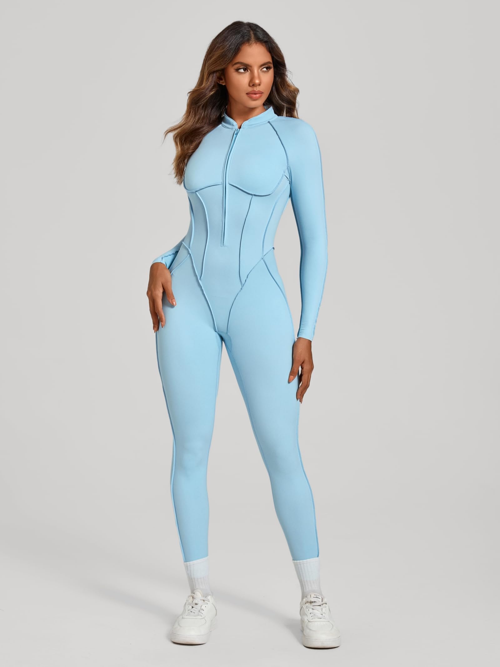 ABOCIW Womens Zipper Long Long Sleeve Workout Jumpsuit Contouring Seams Backless Bodysuit Yoga Rompers Catsuit