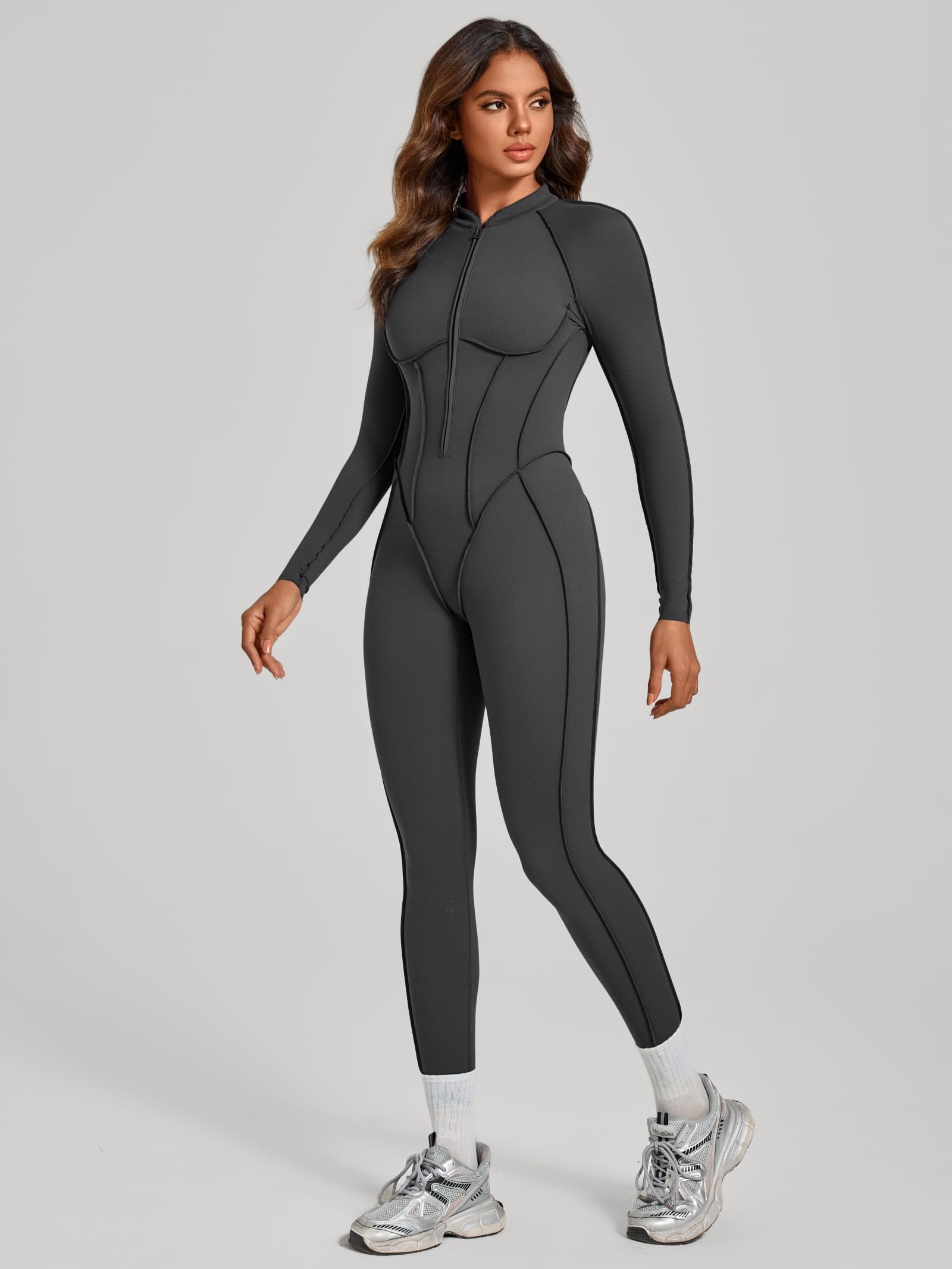 ABOCIW Womens Zipper Long Long Sleeve Workout Jumpsuit Contouring Seams Backless Bodysuit Yoga Rompers Catsuit