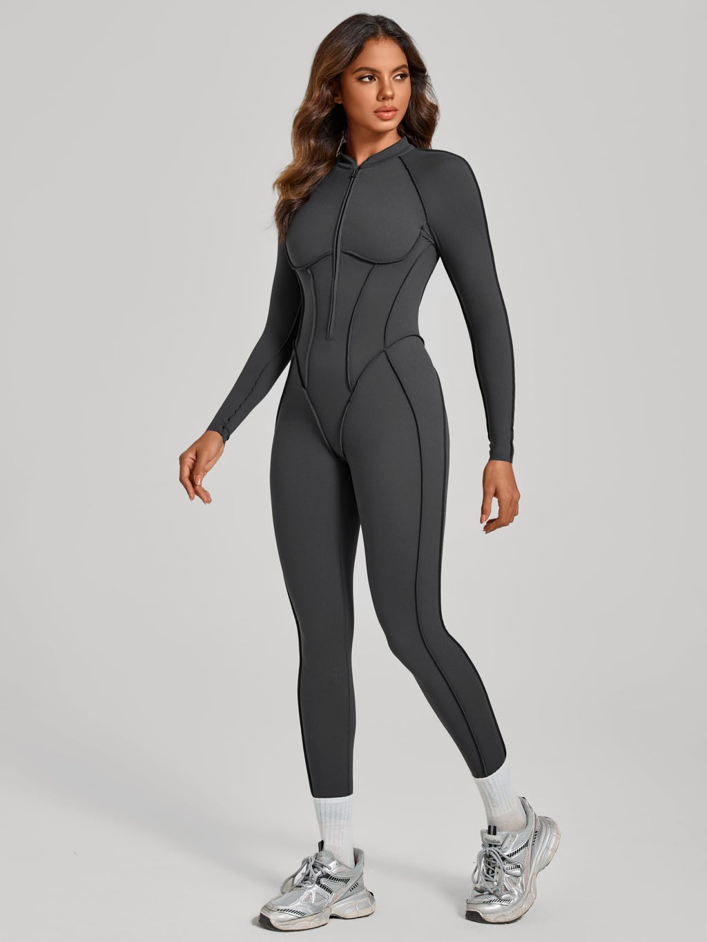 ABOCIW Womens Zipper Long Long Sleeve Workout Jumpsuit Contouring Seams Backless Bodysuit Yoga Rompers Catsuit