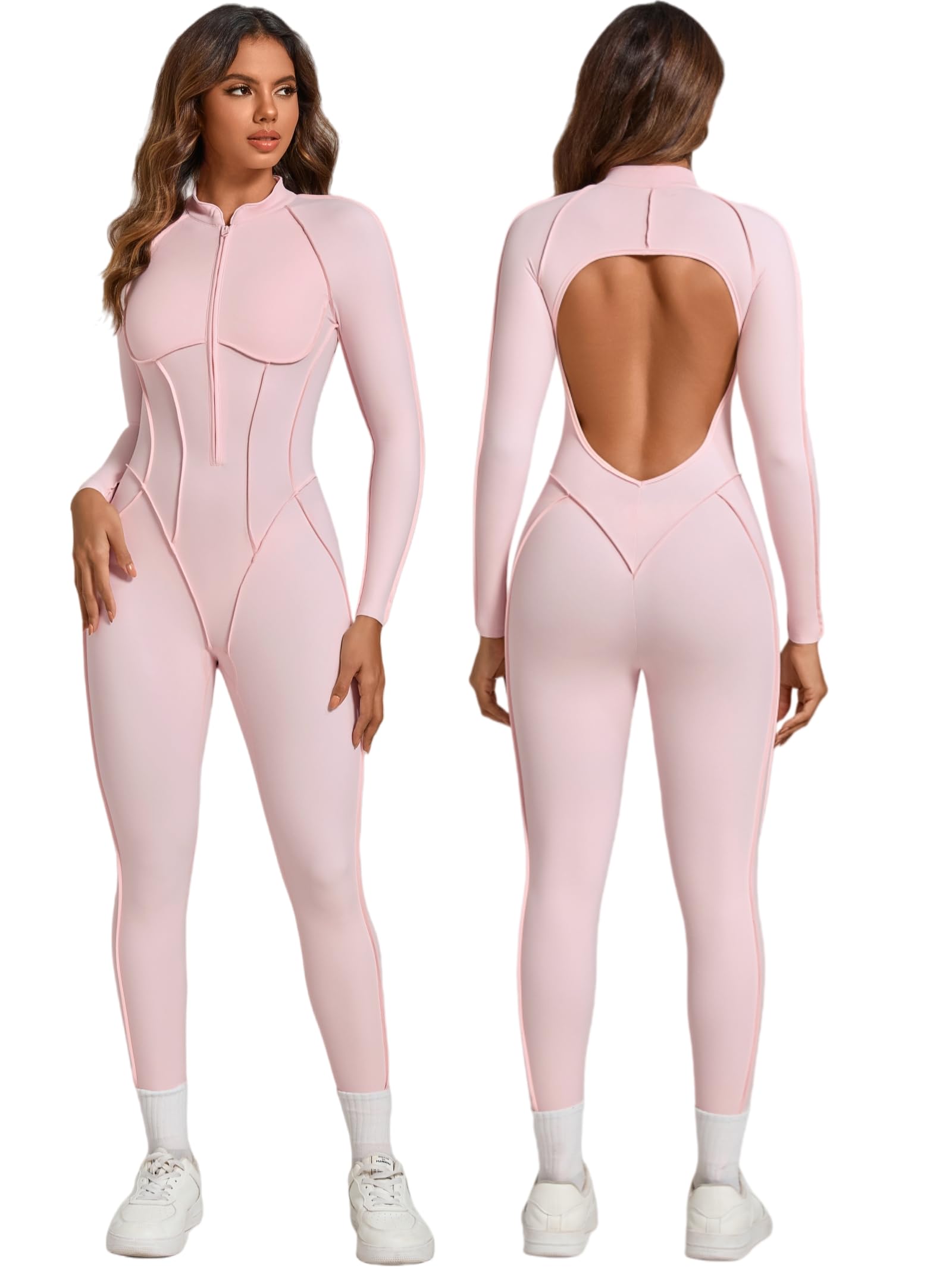 ABOCIW Womens Zipper Long Long Sleeve Workout Jumpsuit Contouring Seams Backless Bodysuit Yoga Rompers Catsuit