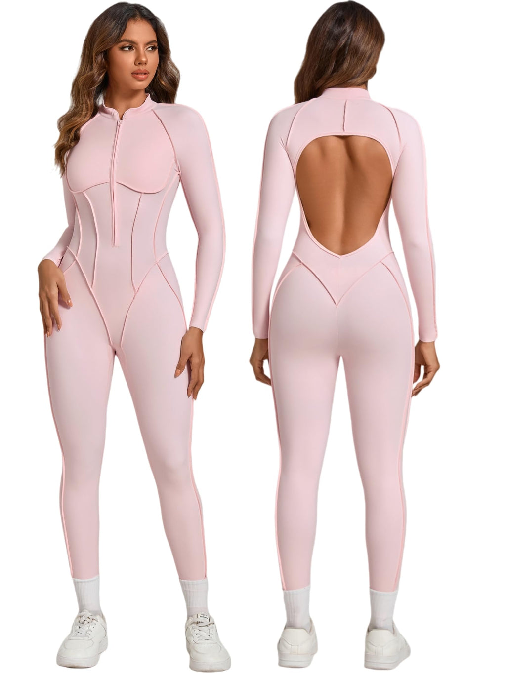 ABOCIW Womens Zipper Long Long Sleeve Workout Jumpsuit Contouring Seams Backless Bodysuit Yoga Rompers Catsuit