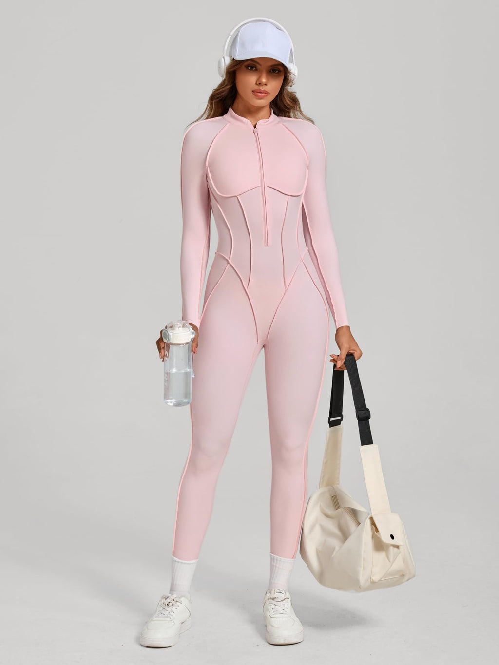 ABOCIW Womens Zipper Long Long Sleeve Workout Jumpsuit Contouring Seams Backless Bodysuit Yoga Rompers Catsuit