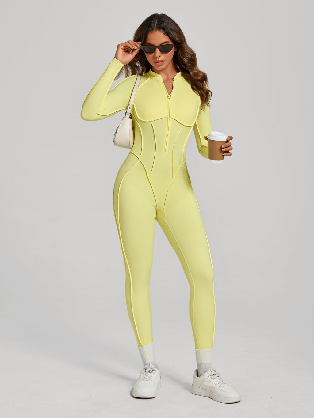 ABOCIW Womens Zipper Long Long Sleeve Workout Jumpsuit Contouring Seams Backless Bodysuit Yoga Rompers Catsuit
