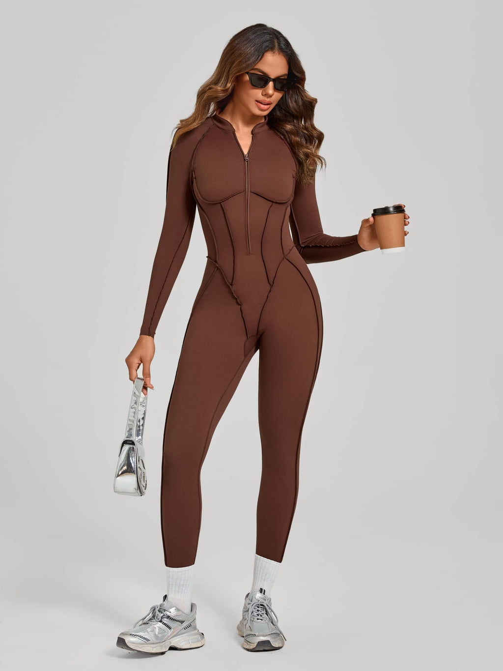 ABOCIW Womens Zipper Long Long Sleeve Workout Jumpsuit Contouring Seams Backless Bodysuit Yoga Rompers Catsuit