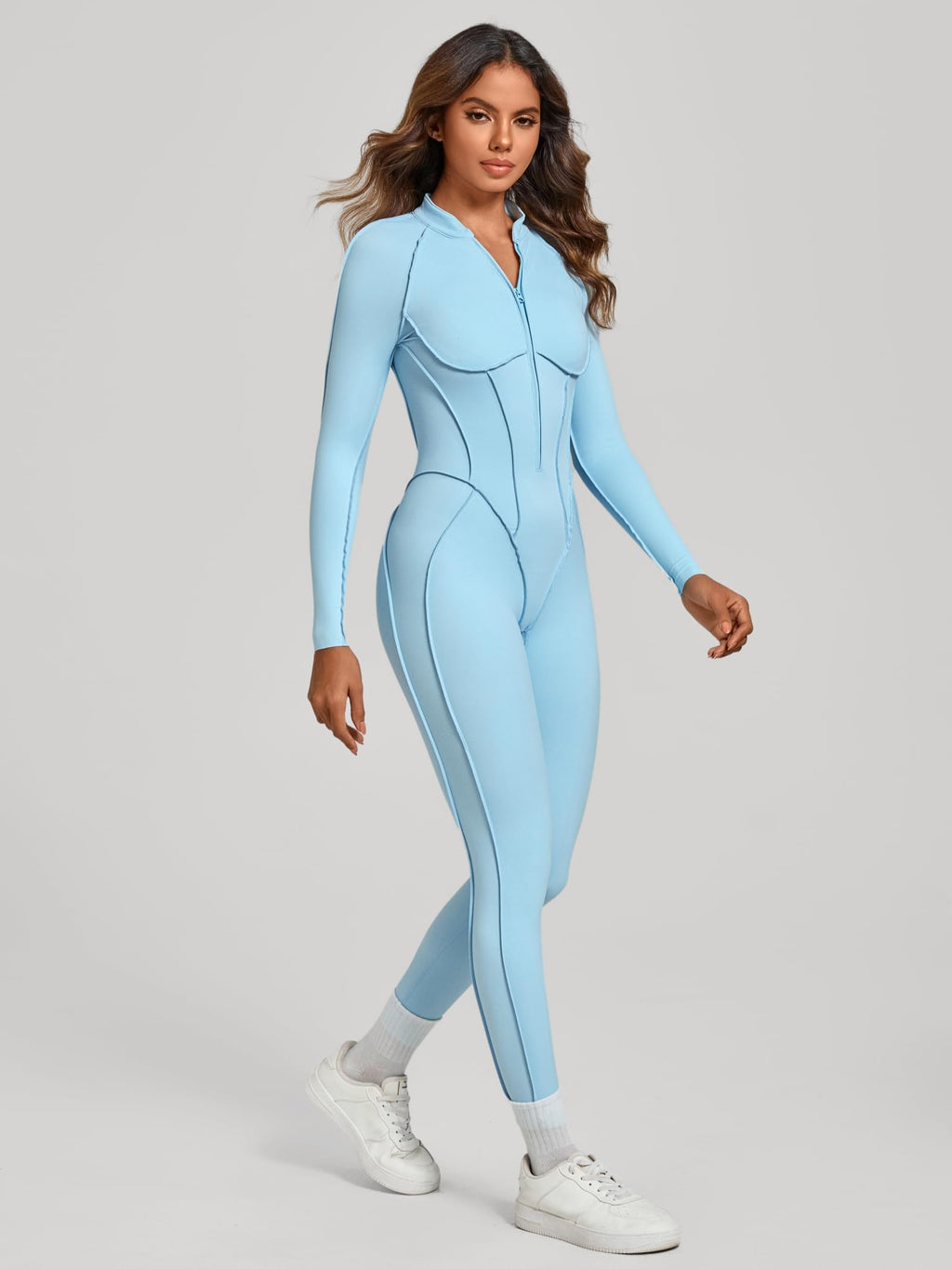 ABOCIW Womens Zipper Long Long Sleeve Workout Jumpsuit Contouring Seams Backless Bodysuit Yoga Rompers Catsuit