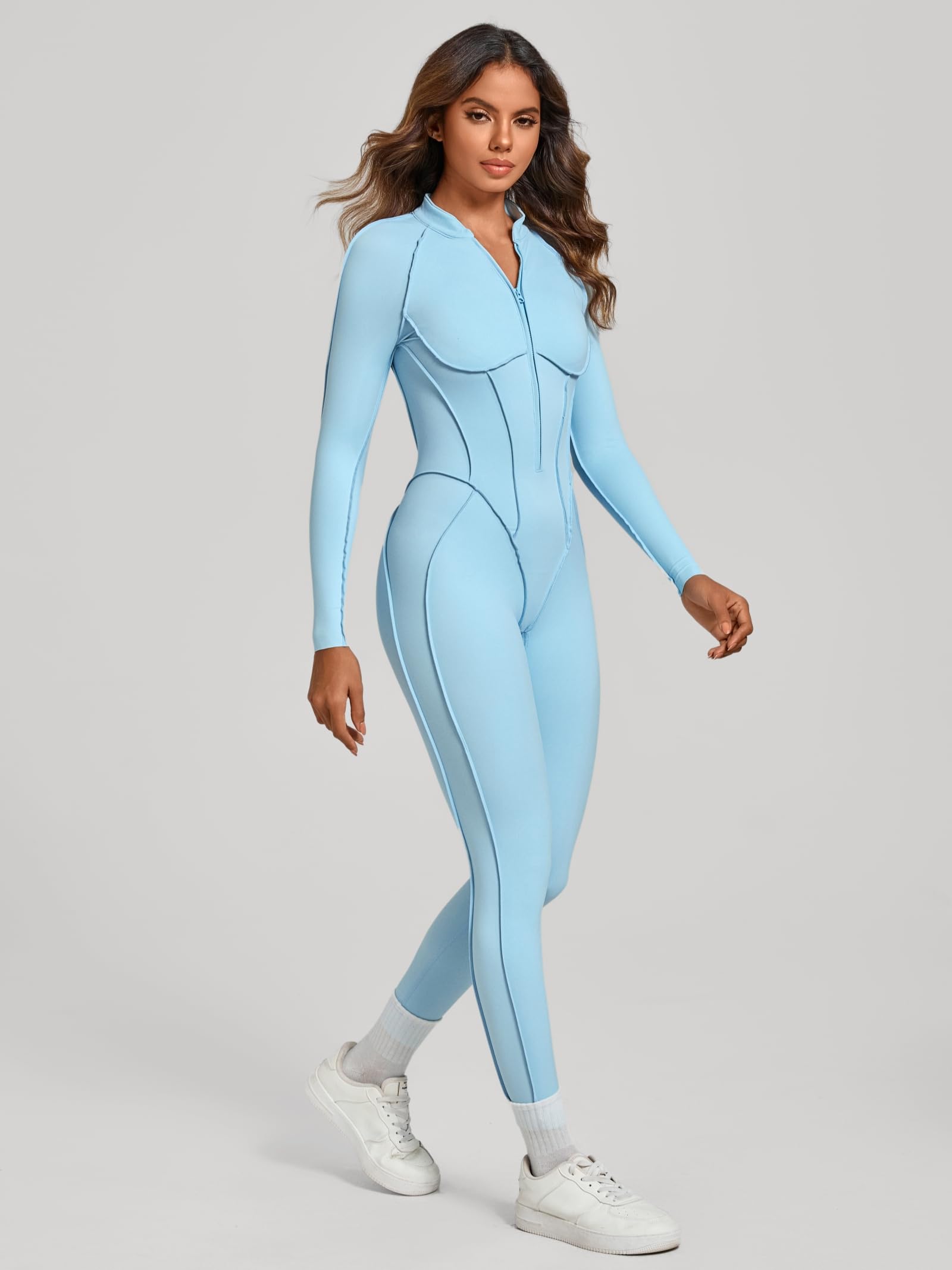 ABOCIW Womens Zipper Long Long Sleeve Workout Jumpsuit Contouring Seams Backless Bodysuit Yoga Rompers Catsuit