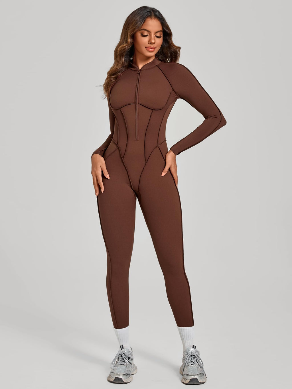 ABOCIW Womens Zipper Long Long Sleeve Workout Jumpsuit Contouring Seams Backless Bodysuit Yoga Rompers Catsuit