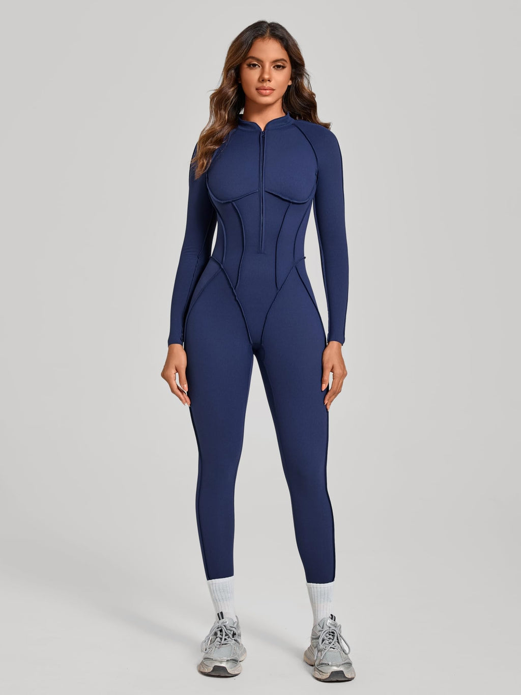 ABOCIW Womens Zipper Long Long Sleeve Workout Jumpsuit Contouring Seams Backless Bodysuit Yoga Rompers Catsuit