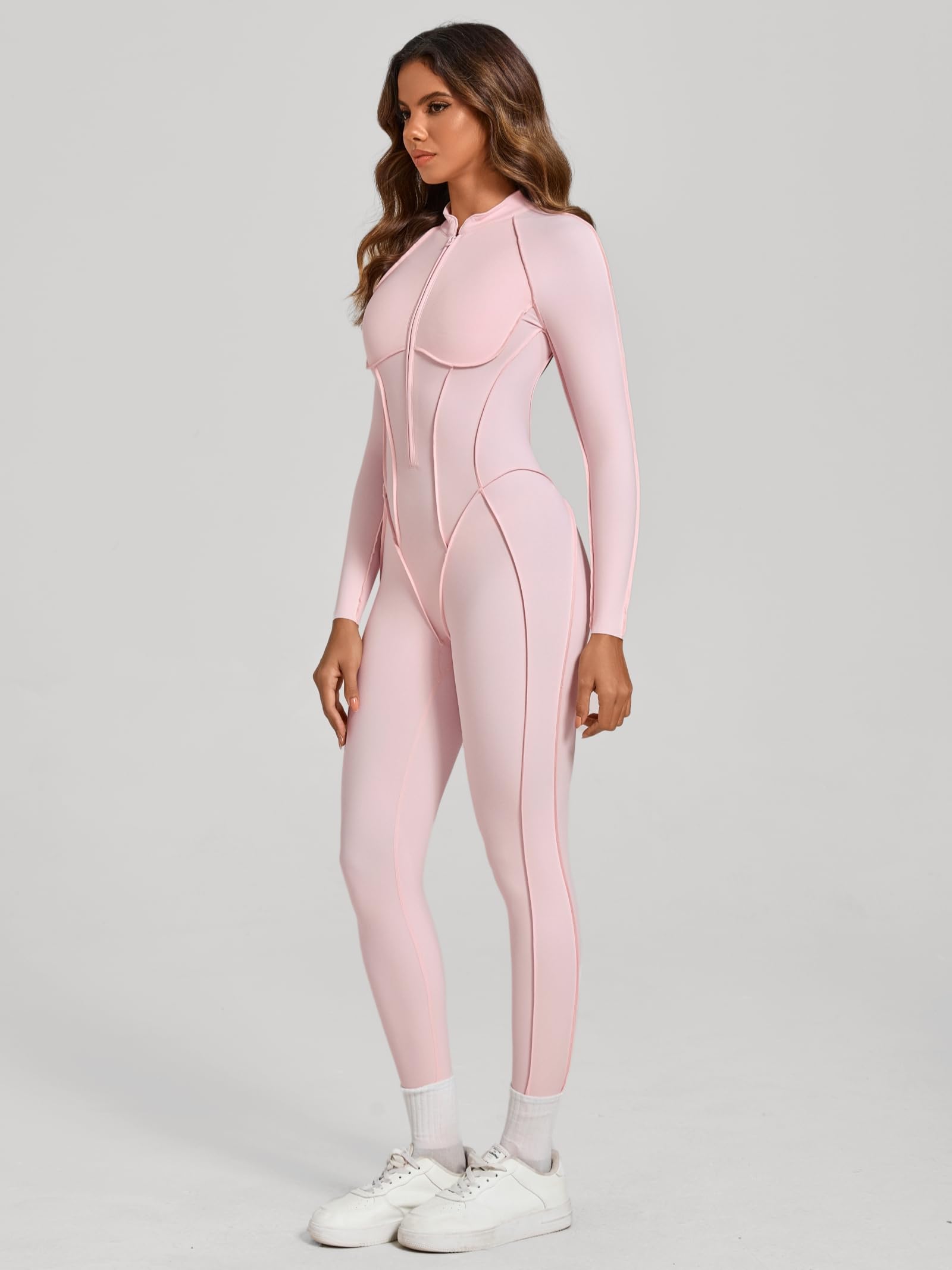 ABOCIW Womens Zipper Long Long Sleeve Workout Jumpsuit Contouring Seams Backless Bodysuit Yoga Rompers Catsuit
