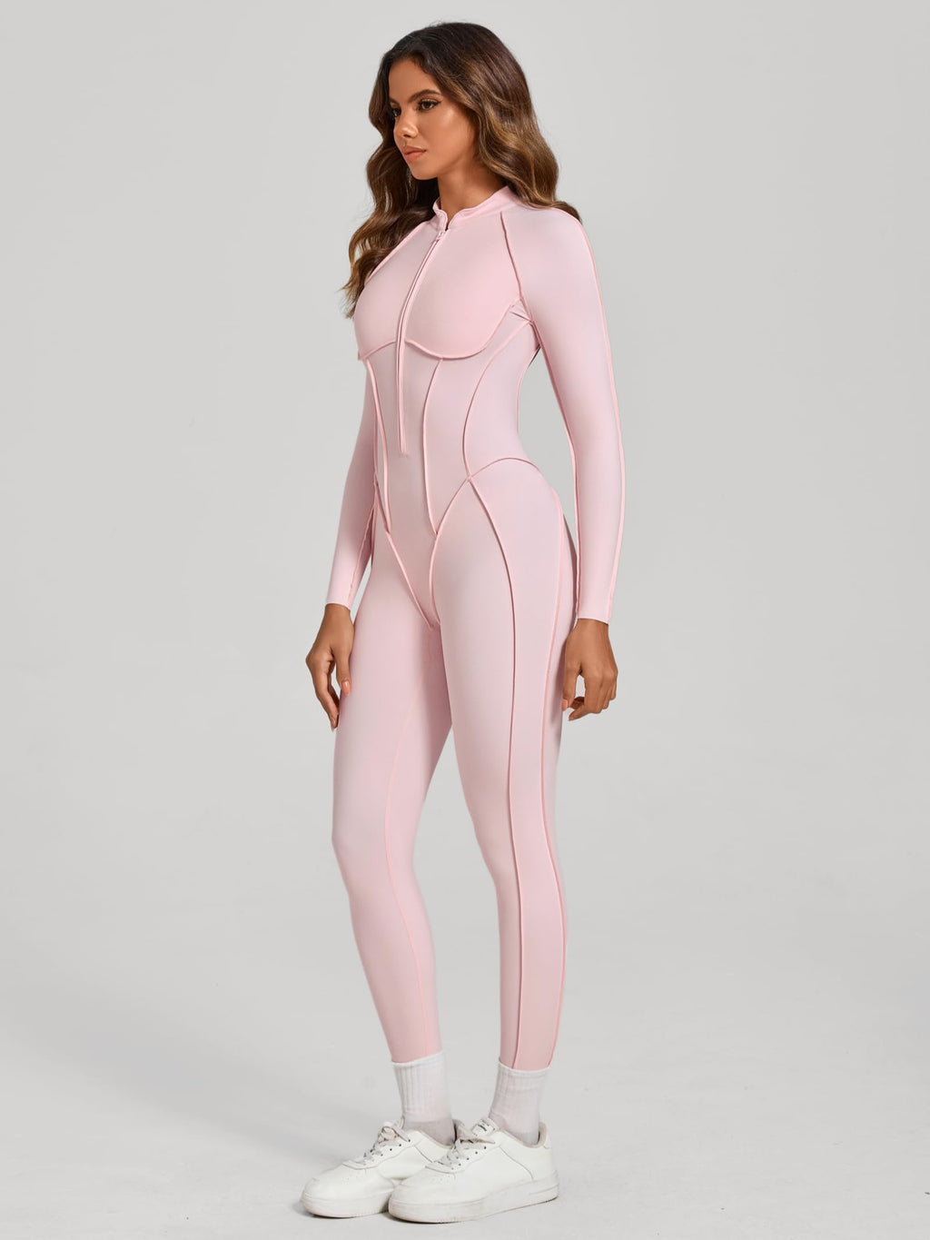 ABOCIW Womens Zipper Long Long Sleeve Workout Jumpsuit Contouring Seams Backless Bodysuit Yoga Rompers Catsuit