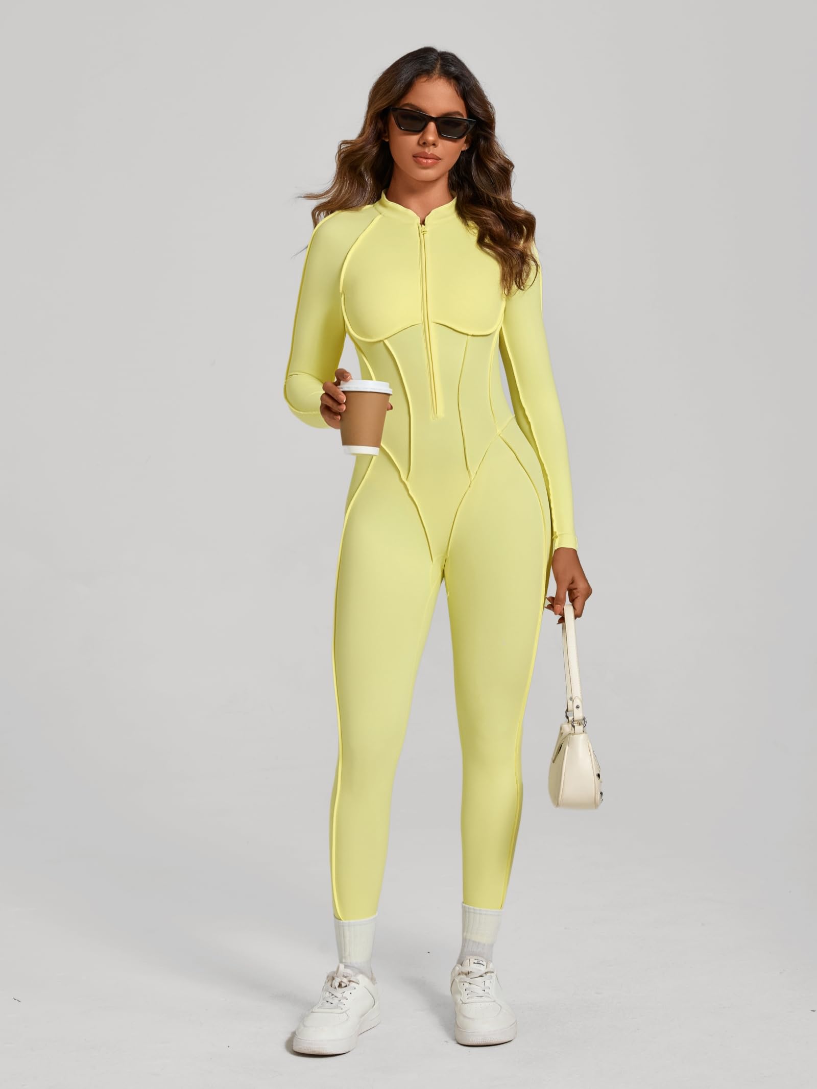 ABOCIW Womens Zipper Long Long Sleeve Workout Jumpsuit Contouring Seams Backless Bodysuit Yoga Rompers Catsuit