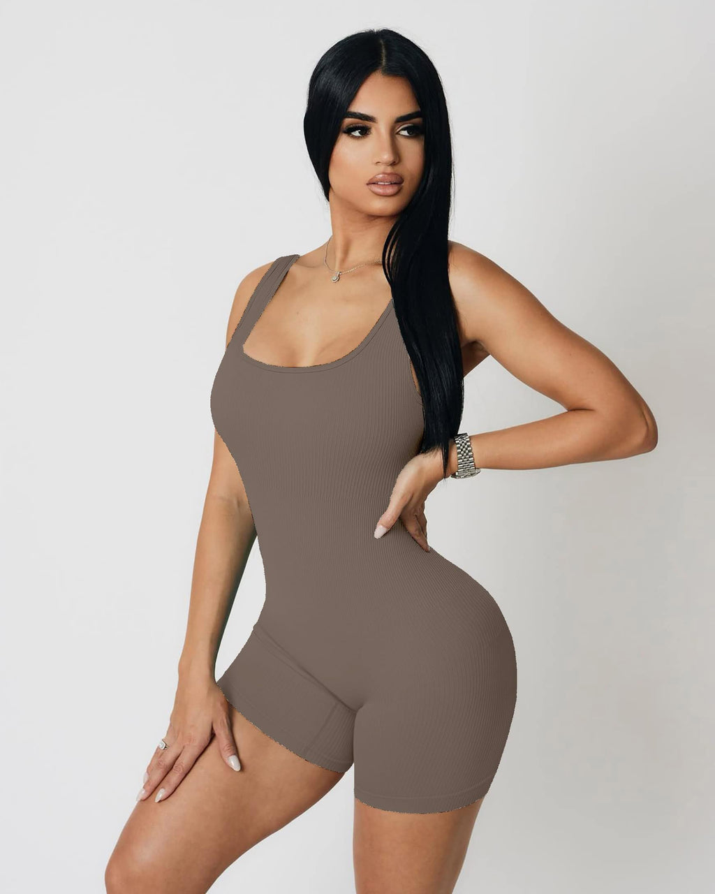 YIOIOIO Women Workout Romper Yoga Ribbed Square Neck One Piece Seamless Tank Top Jumpsuit
