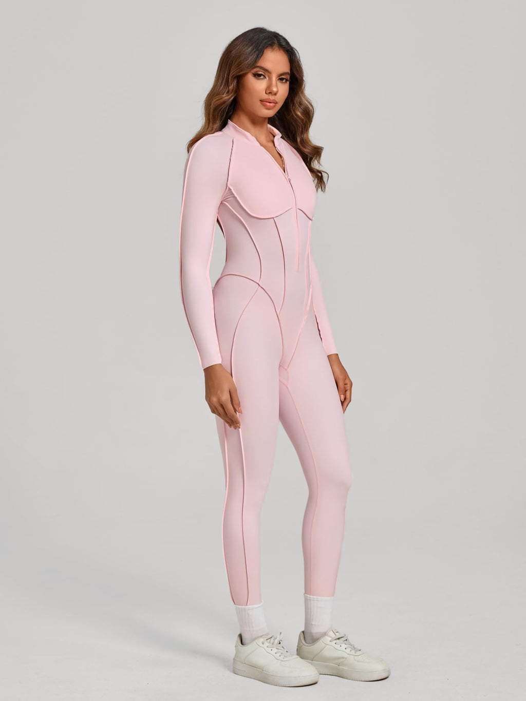ABOCIW Womens Zipper Long Long Sleeve Workout Jumpsuit Contouring Seams Backless Bodysuit Yoga Rompers Catsuit