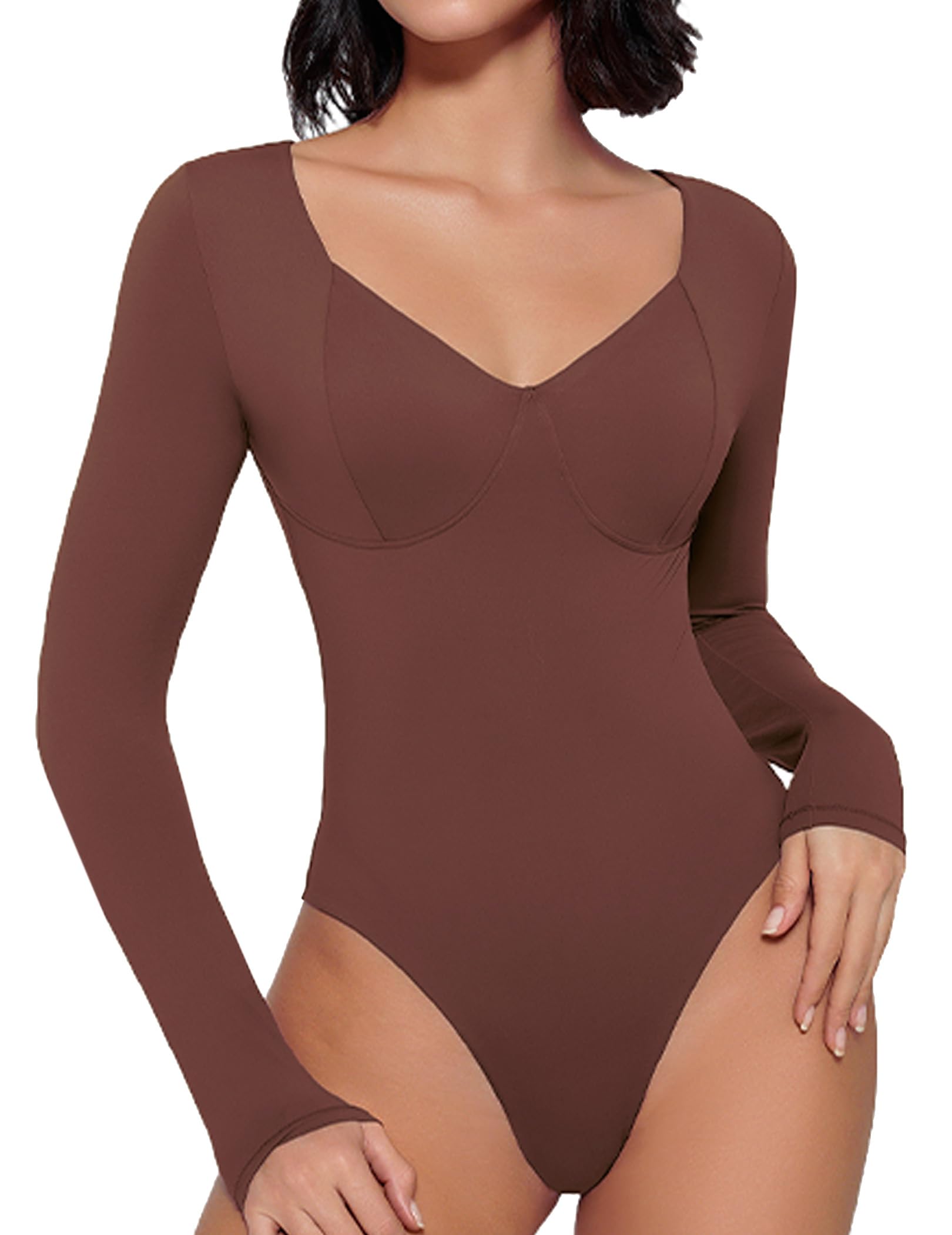 Avidlove Bodysuit for Women Long Sleeve Double Lined Tank Top V Neck Bodysuit Tummy Control Shapewear
