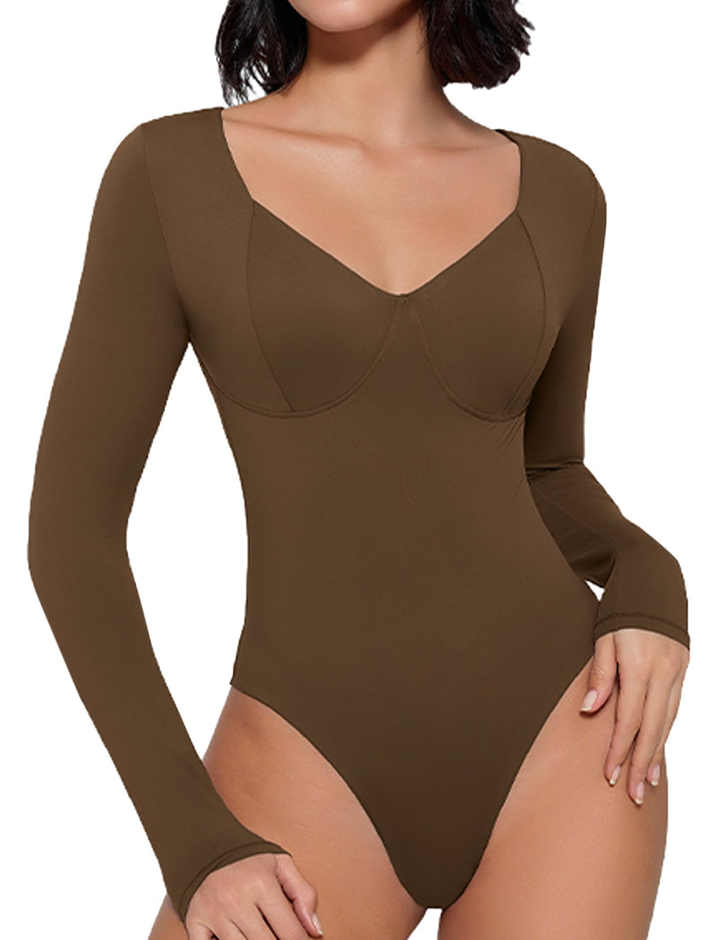 Avidlove Bodysuit for Women Long Sleeve Double Lined Tank Top V Neck Bodysuit Tummy Control Shapewear