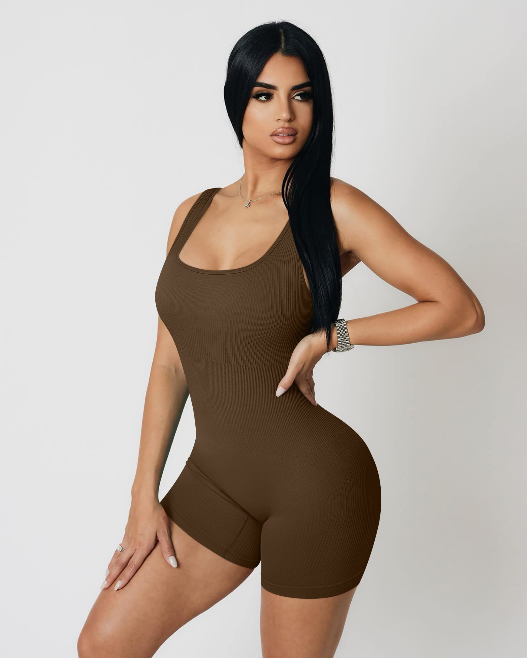 YIOIOIO Women Workout Romper Yoga Ribbed Square Neck One Piece Seamless Tank Top Jumpsuit