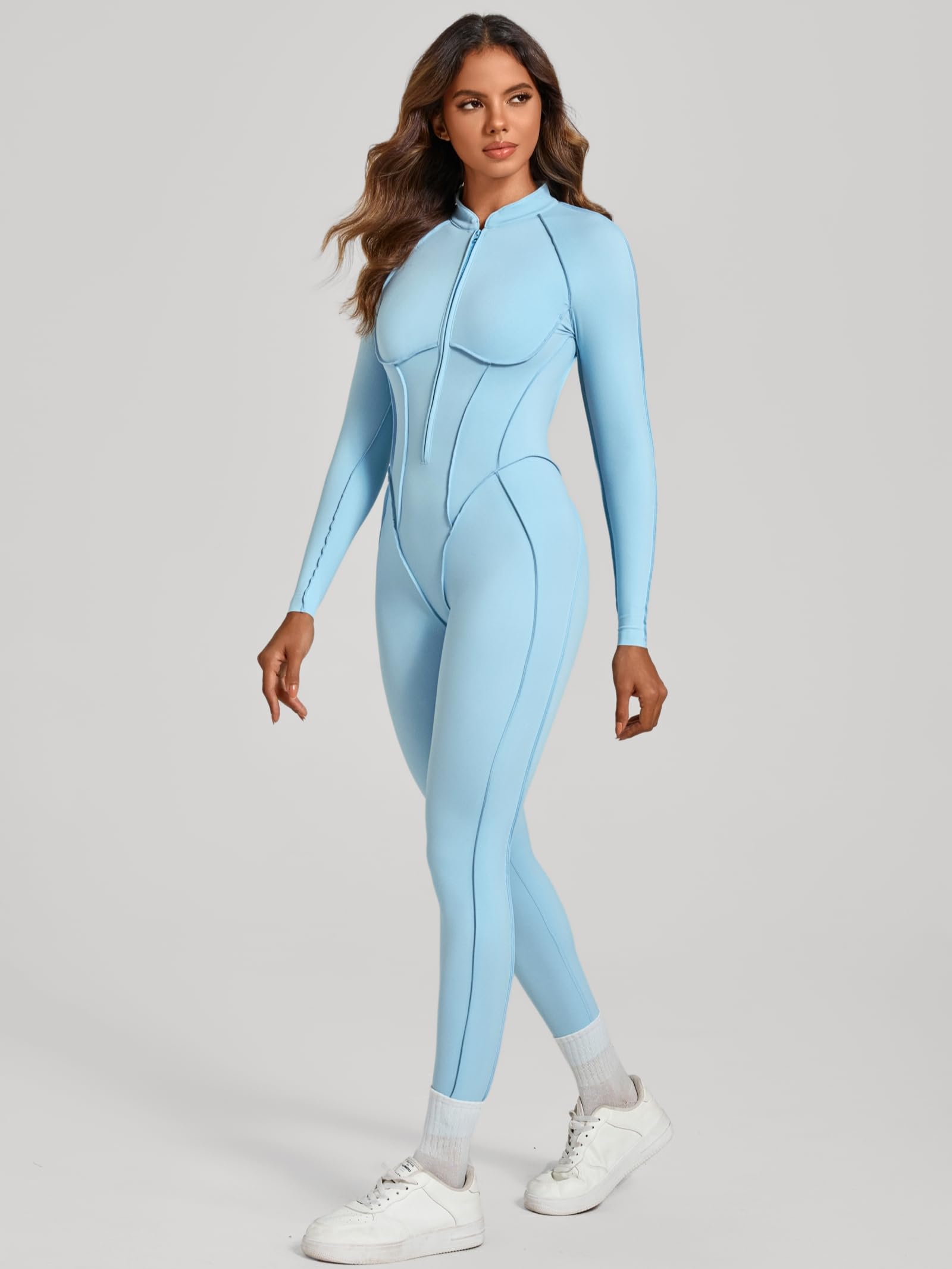 ABOCIW Womens Zipper Long Long Sleeve Workout Jumpsuit Contouring Seams Backless Bodysuit Yoga Rompers Catsuit