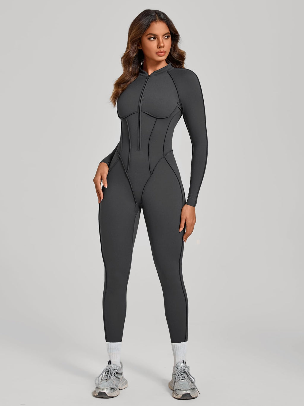 ABOCIW Womens Zipper Long Long Sleeve Workout Jumpsuit Contouring Seams Backless Bodysuit Yoga Rompers Catsuit
