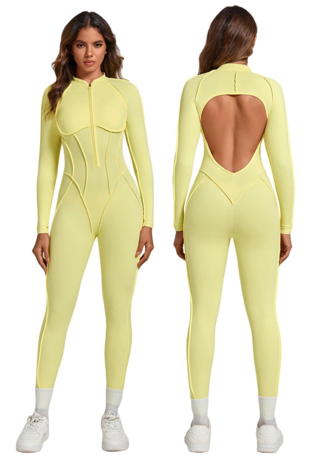 ABOCIW Womens Zipper Long Long Sleeve Workout Jumpsuit Contouring Seams Backless Bodysuit Yoga Rompers Catsuit