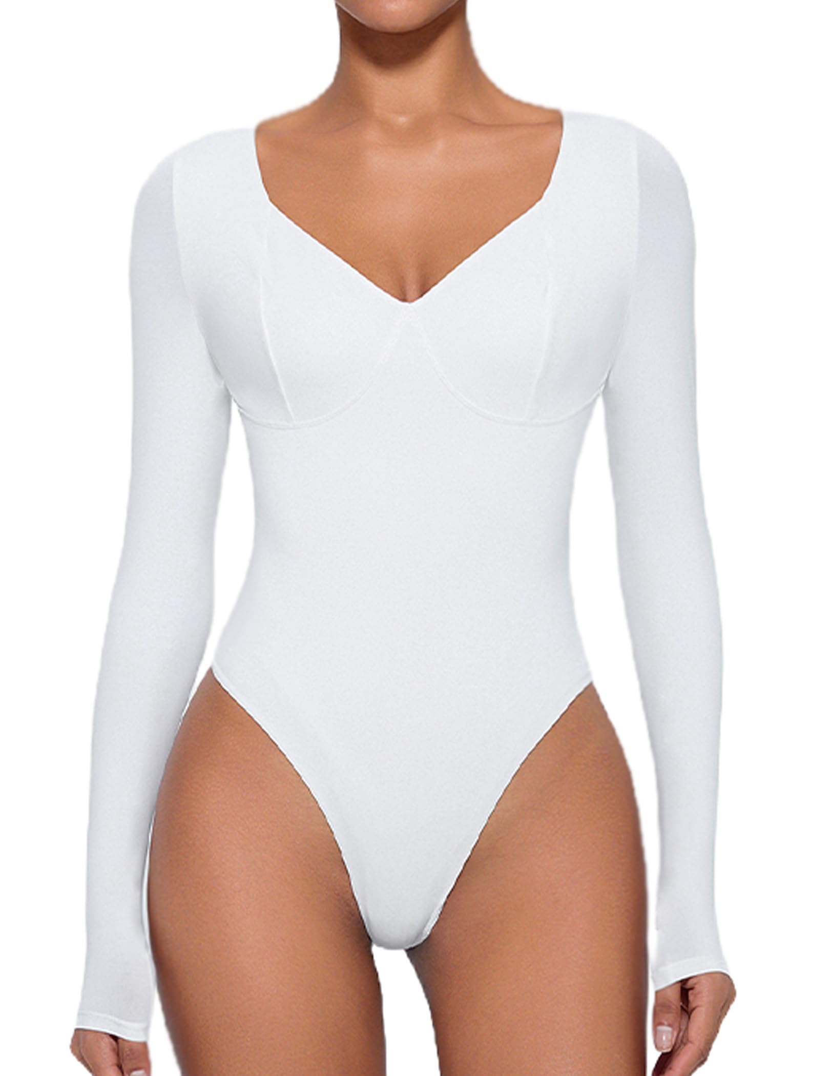 Avidlove Bodysuit for Women Long Sleeve Double Lined Tank Top V Neck Bodysuit Tummy Control Shapewear