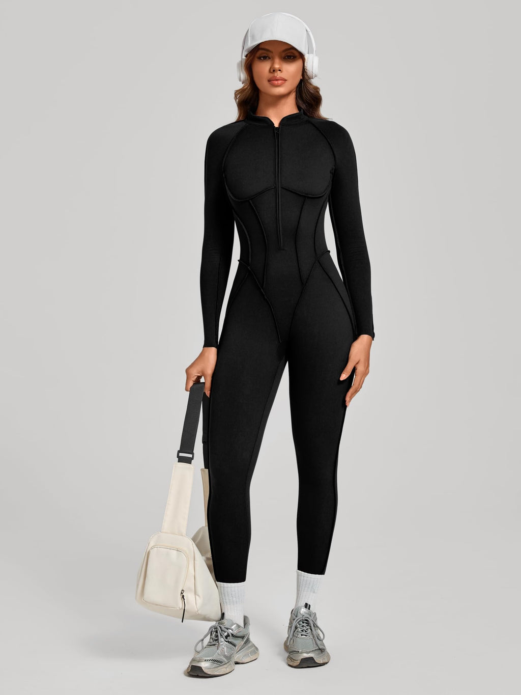 ABOCIW Womens Zipper Long Long Sleeve Workout Jumpsuit Contouring Seams Backless Bodysuit Yoga Rompers Catsuit
