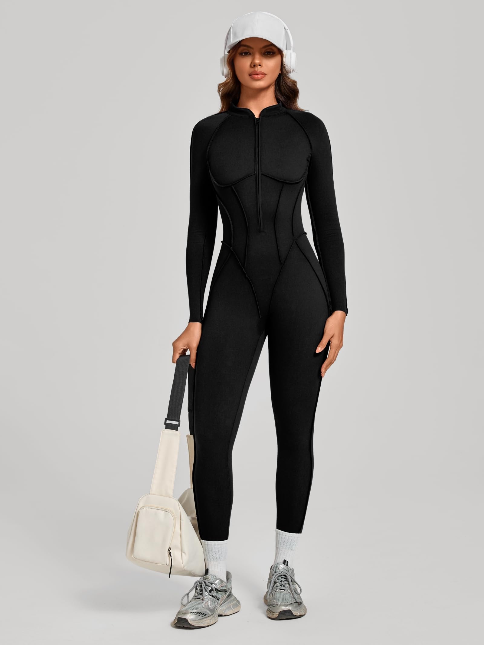 ABOCIW Womens Zipper Long Long Sleeve Workout Jumpsuit Contouring Seams Backless Bodysuit Yoga Rompers Catsuit