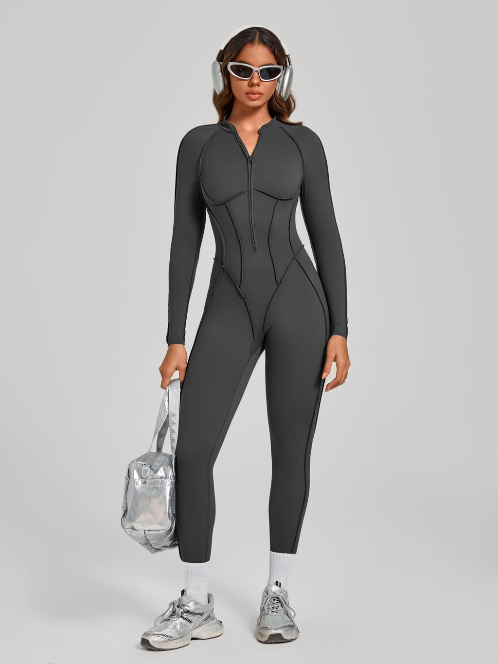 ABOCIW Womens Zipper Long Long Sleeve Workout Jumpsuit Contouring Seams Backless Bodysuit Yoga Rompers Catsuit