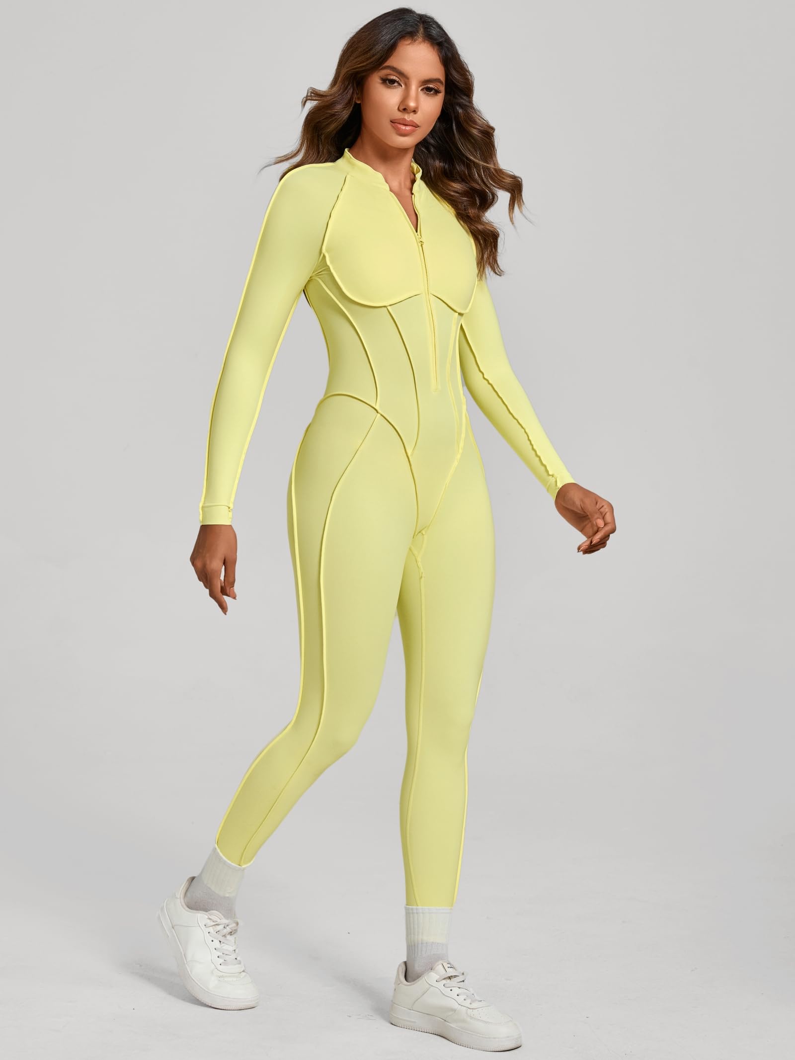 ABOCIW Womens Zipper Long Long Sleeve Workout Jumpsuit Contouring Seams Backless Bodysuit Yoga Rompers Catsuit