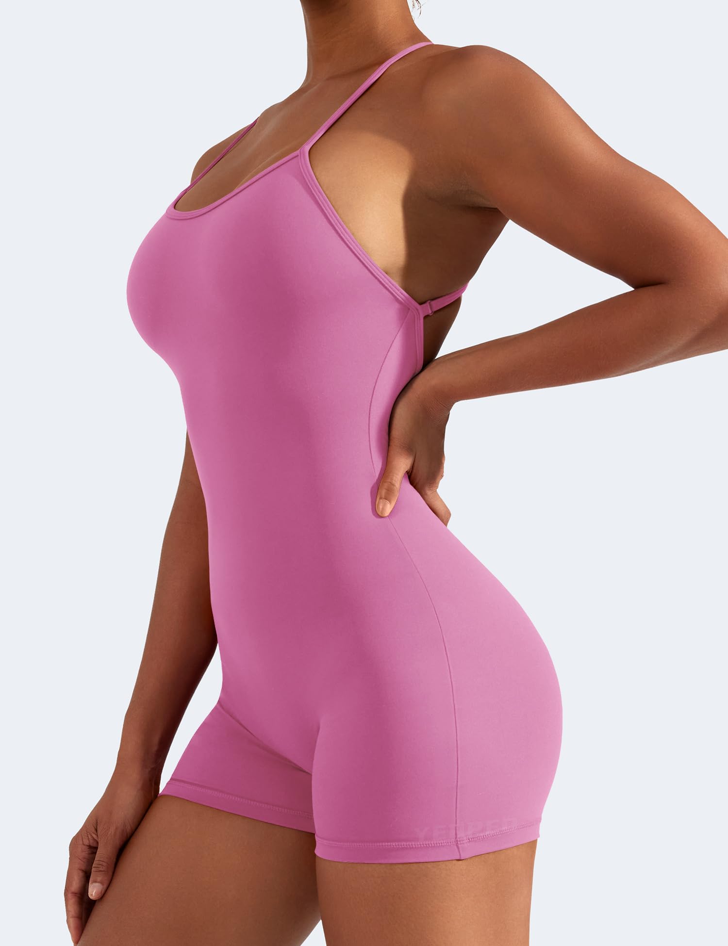 YEOREO Backless Tummy Control Jumpsuits for Women One Piece Workout Jumpsuits Sleeveless V Back Lizvette Scrunch Yoga Rompers