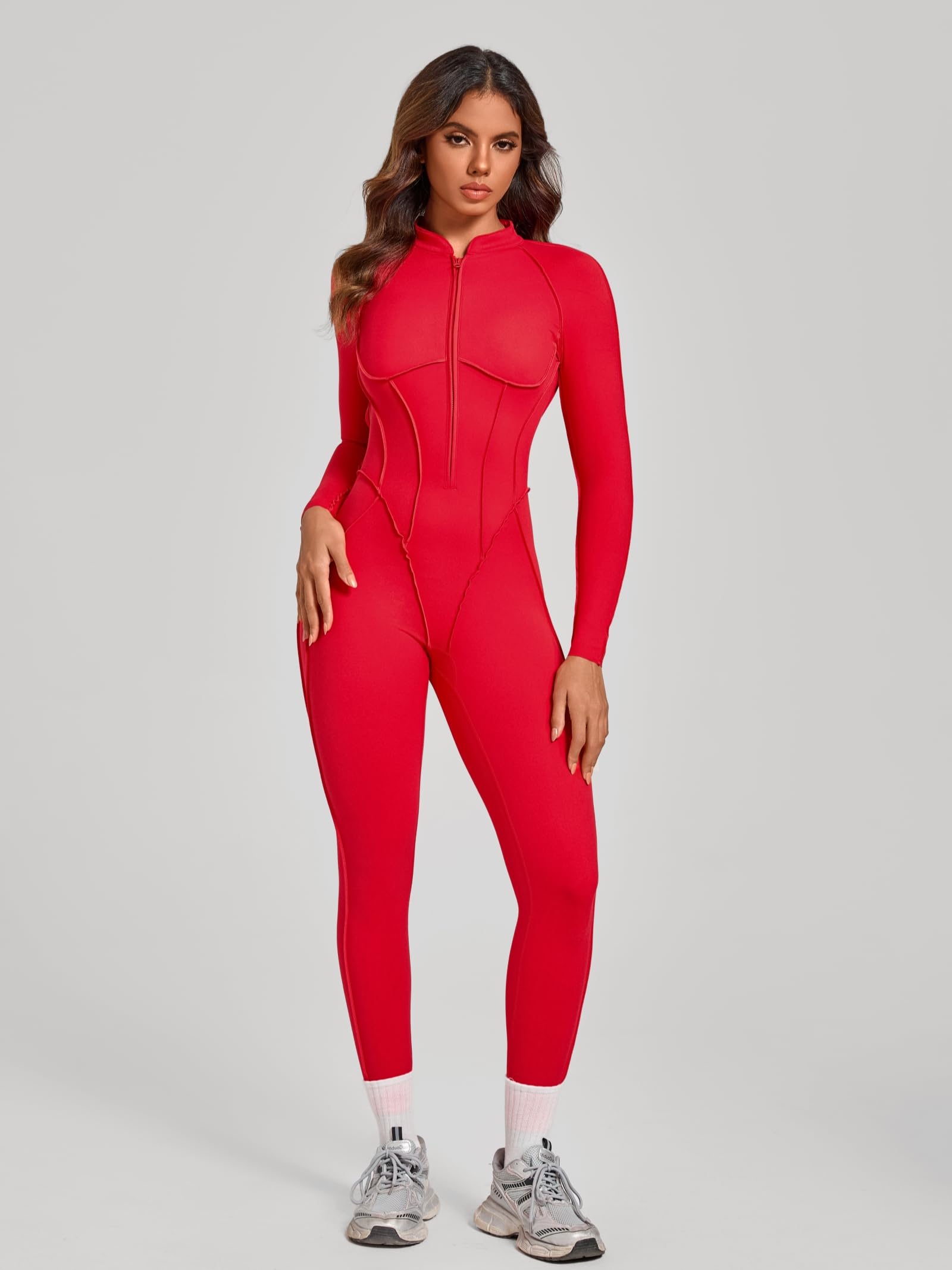 ABOCIW Womens Zipper Long Long Sleeve Workout Jumpsuit Contouring Seams Backless Bodysuit Yoga Rompers Catsuit