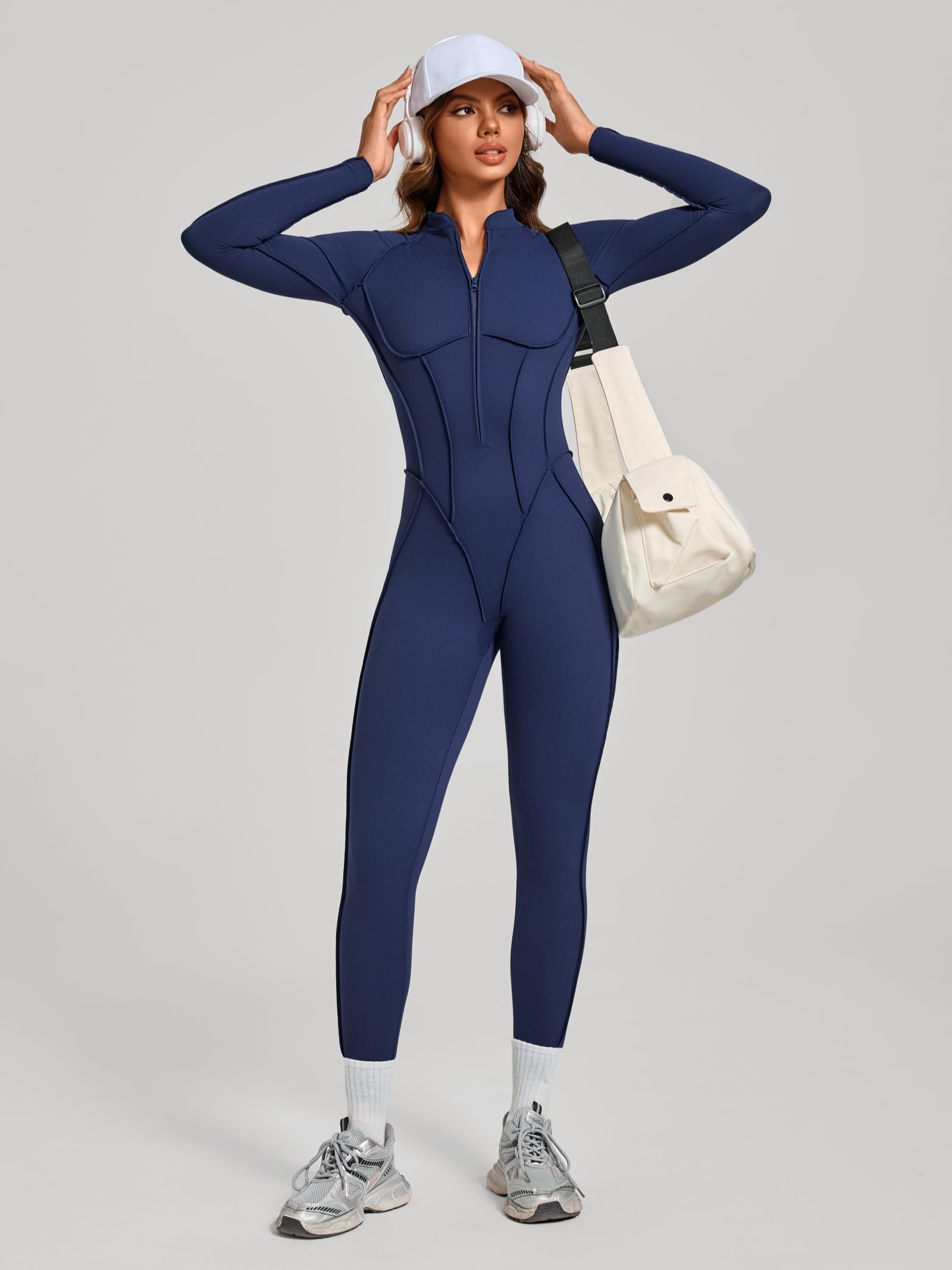 ABOCIW Womens Zipper Long Long Sleeve Workout Jumpsuit Contouring Seams Backless Bodysuit Yoga Rompers Catsuit