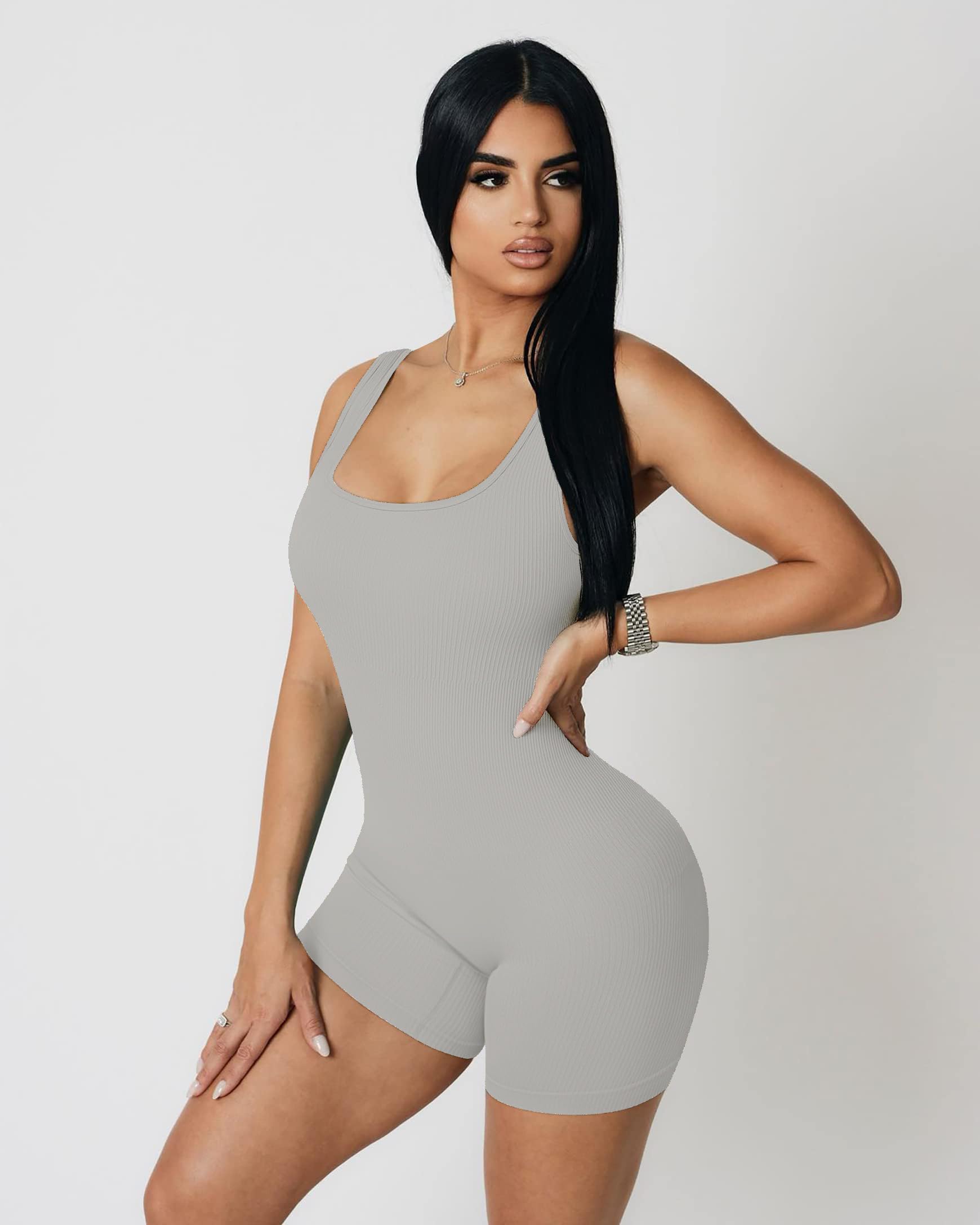YIOIOIO Women Workout Romper Yoga Ribbed Square Neck One Piece Seamless Tank Top Jumpsuit