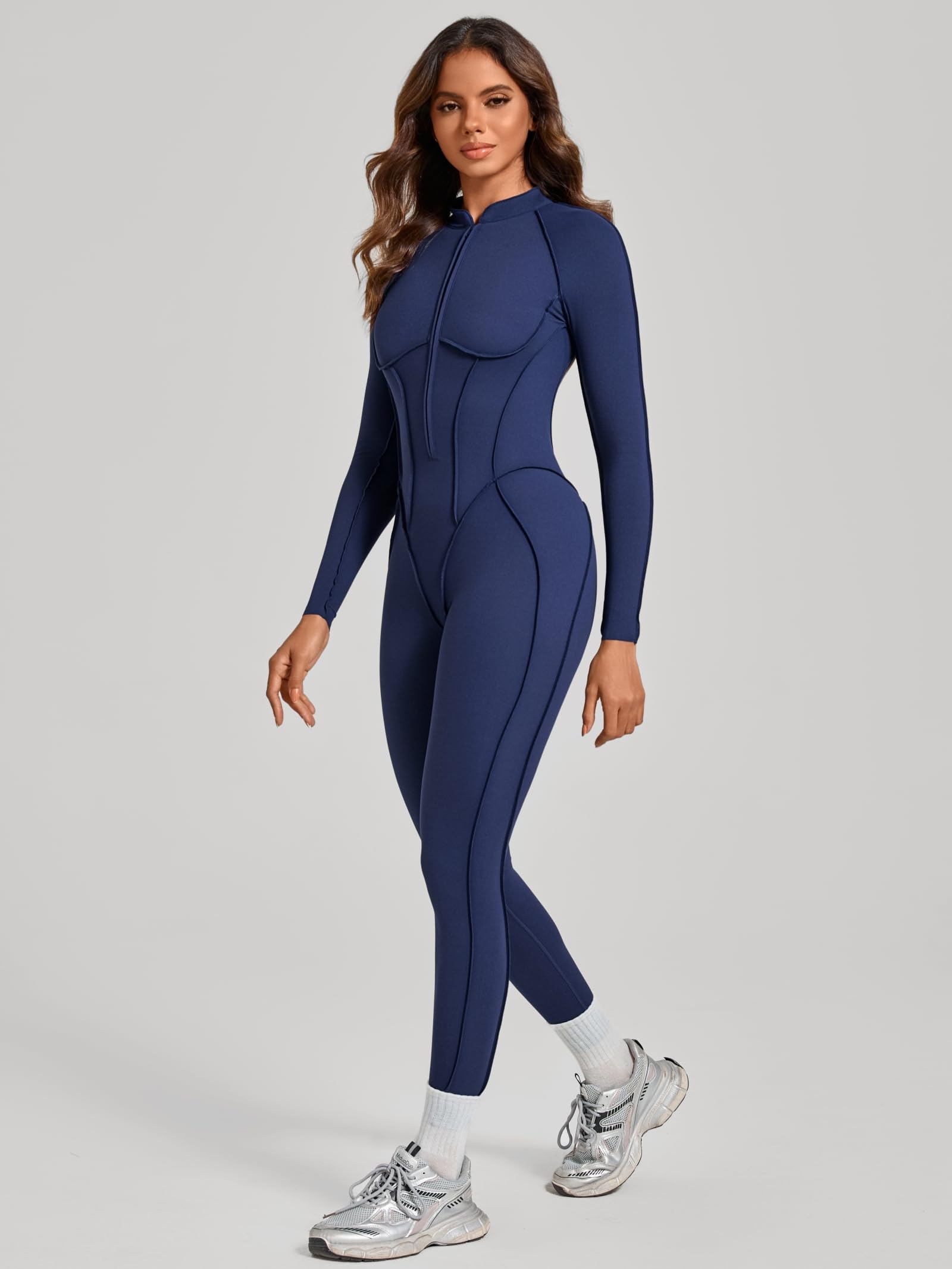 ABOCIW Womens Zipper Long Long Sleeve Workout Jumpsuit Contouring Seams Backless Bodysuit Yoga Rompers Catsuit