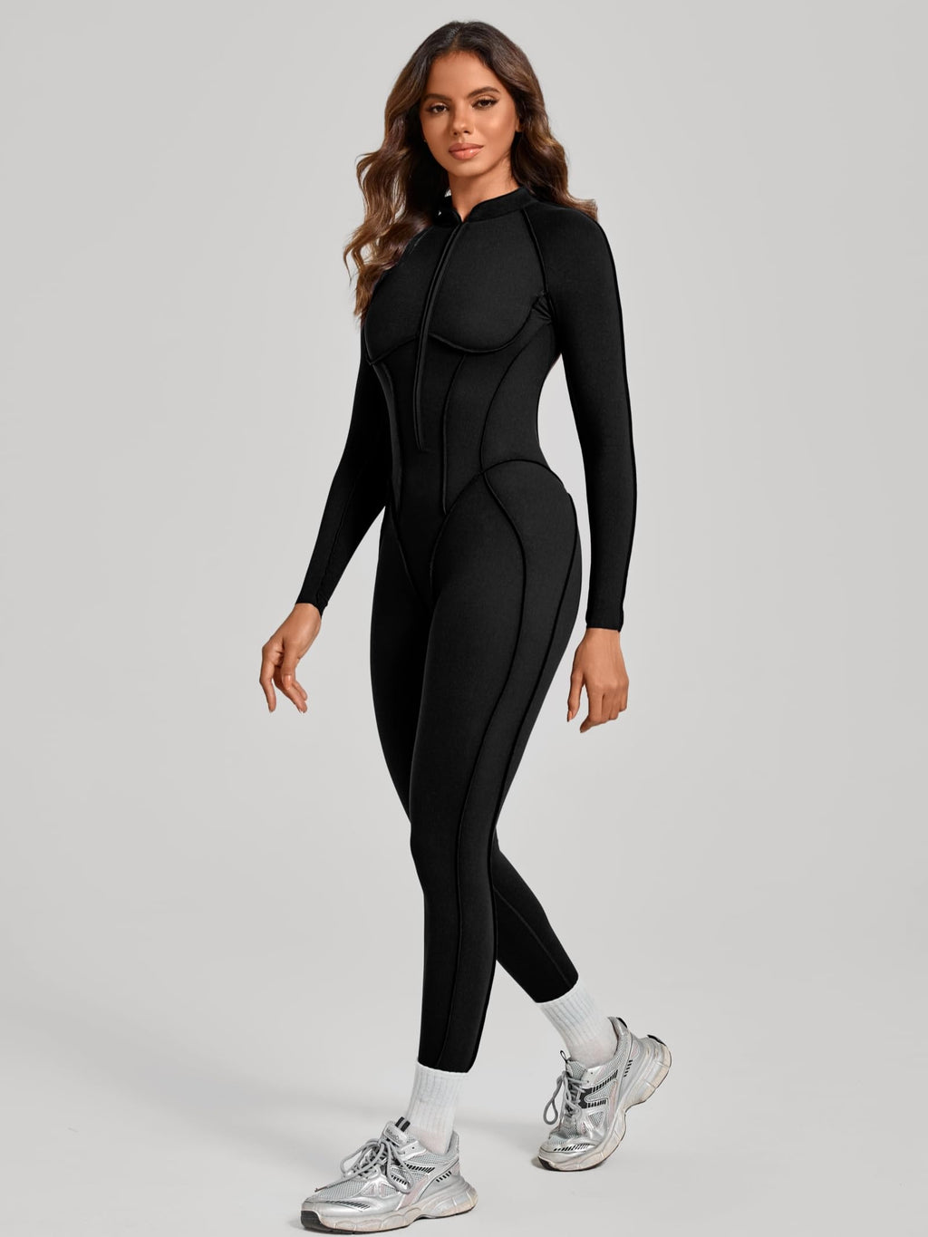 ABOCIW Womens Zipper Long Long Sleeve Workout Jumpsuit Contouring Seams Backless Bodysuit Yoga Rompers Catsuit