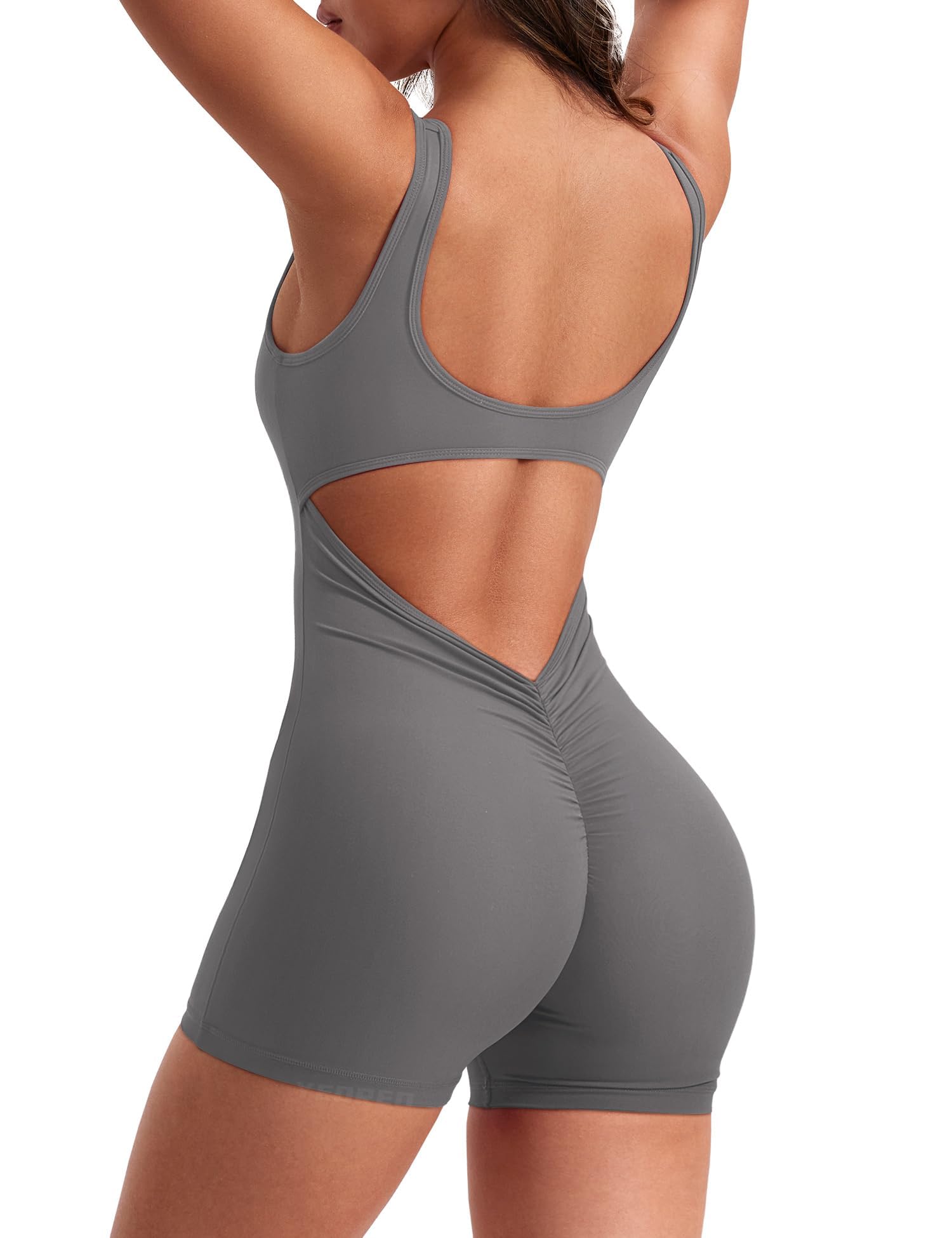 YEOREO One Piece Workout Jumpsuits for Women Backless Tummy Control Sleeveless Jumpsuits Lizvette V Back Scrunch Yoga Romper