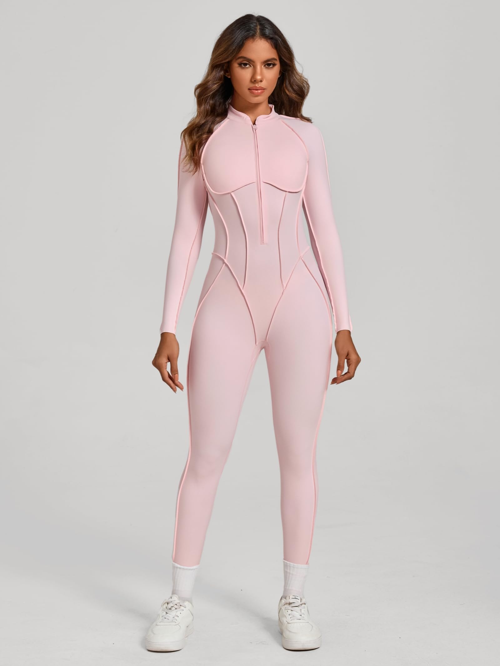 ABOCIW Womens Zipper Long Long Sleeve Workout Jumpsuit Contouring Seams Backless Bodysuit Yoga Rompers Catsuit