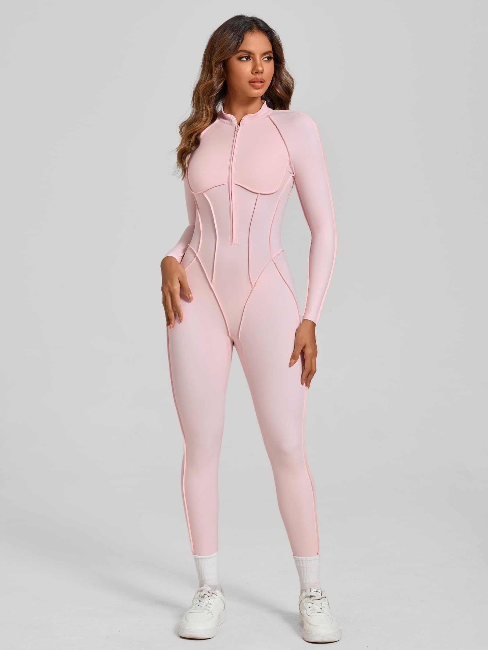 ABOCIW Womens Zipper Long Long Sleeve Workout Jumpsuit Contouring Seams Backless Bodysuit Yoga Rompers Catsuit
