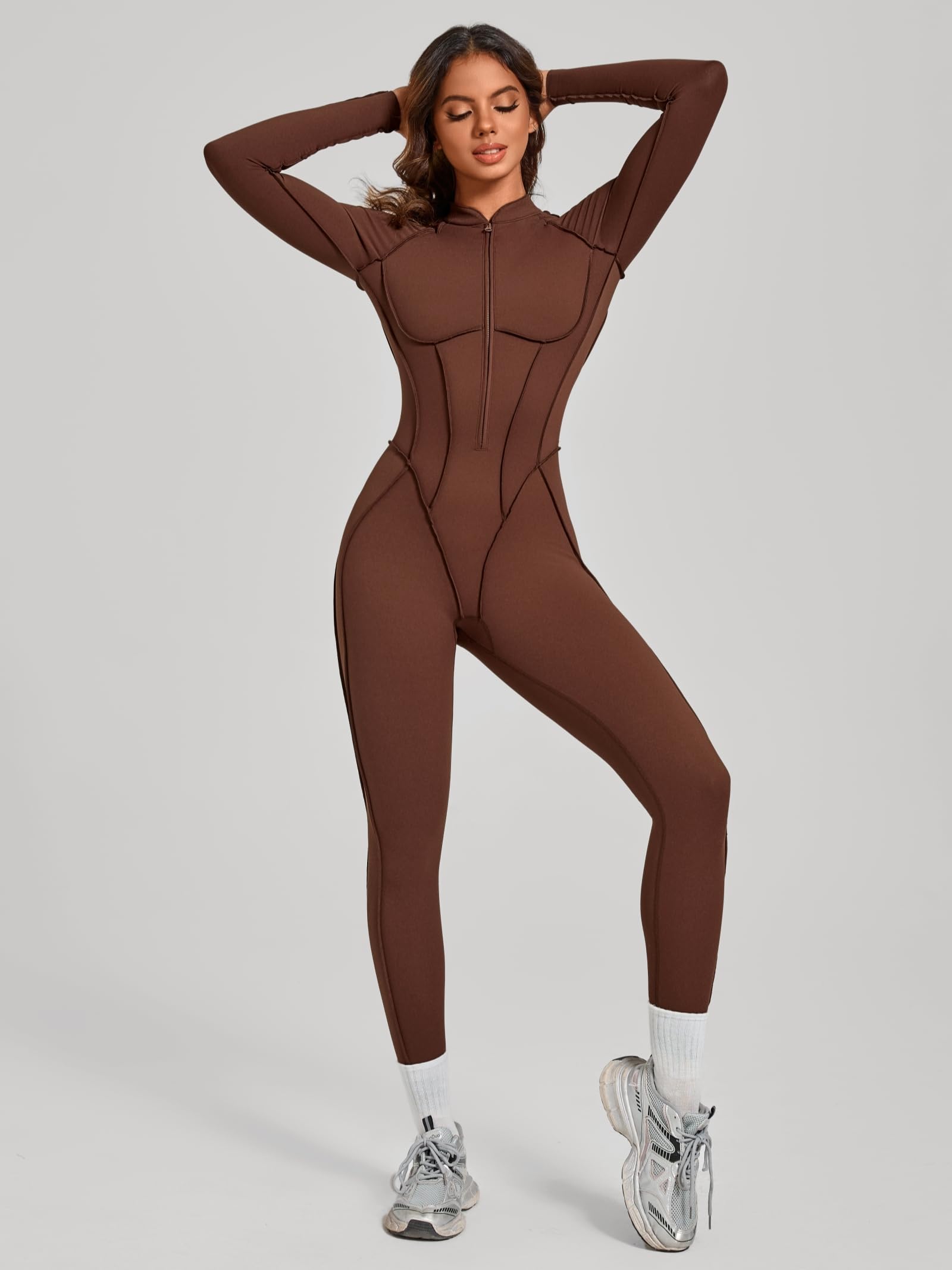 ABOCIW Womens Zipper Long Long Sleeve Workout Jumpsuit Contouring Seams Backless Bodysuit Yoga Rompers Catsuit