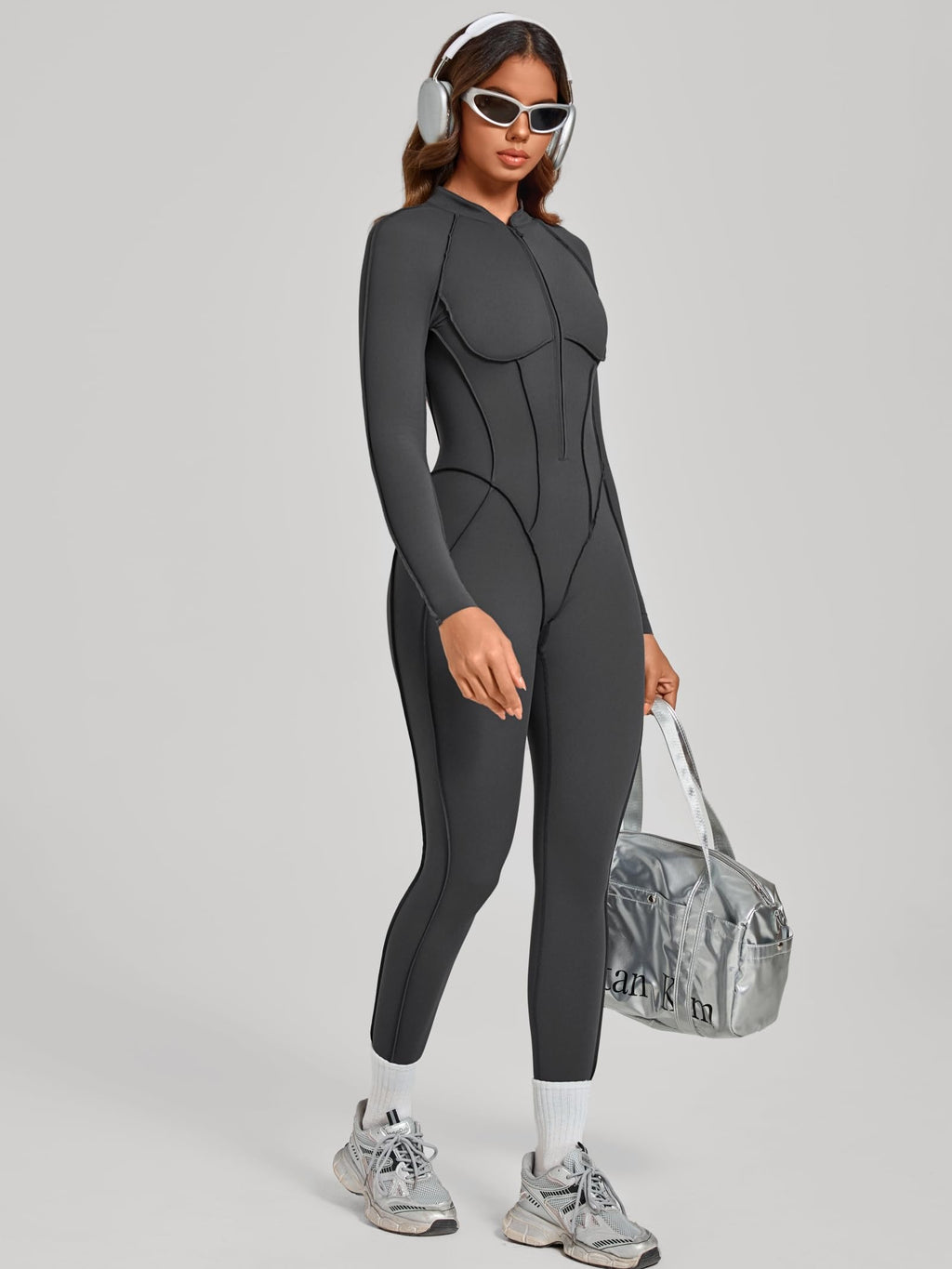 ABOCIW Womens Zipper Long Long Sleeve Workout Jumpsuit Contouring Seams Backless Bodysuit Yoga Rompers Catsuit