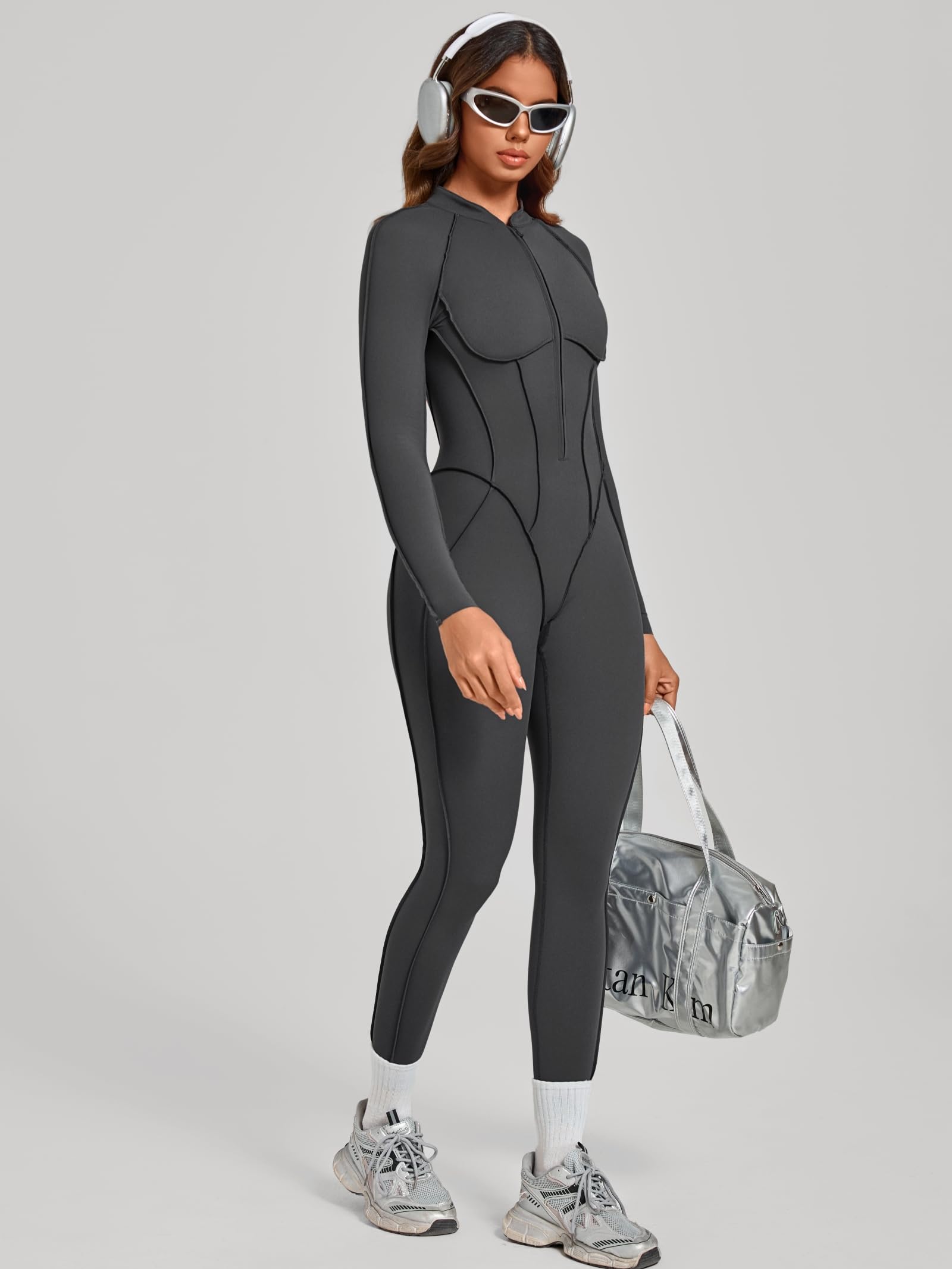 ABOCIW Womens Zipper Long Long Sleeve Workout Jumpsuit Contouring Seams Backless Bodysuit Yoga Rompers Catsuit