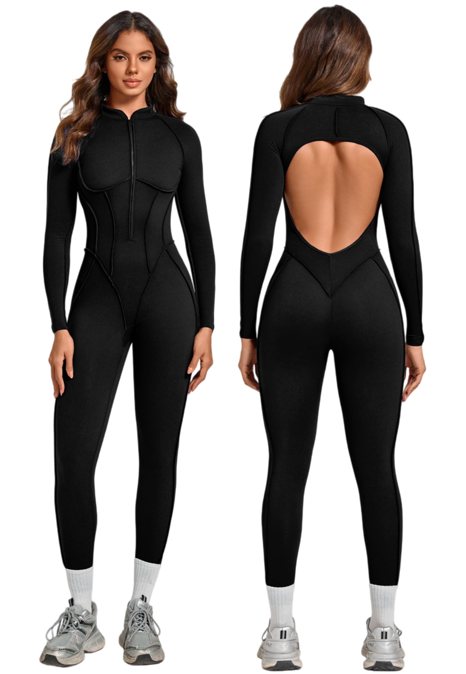 ABOCIW Womens Zipper Long Long Sleeve Workout Jumpsuit Contouring Seams Backless Bodysuit Yoga Rompers Catsuit