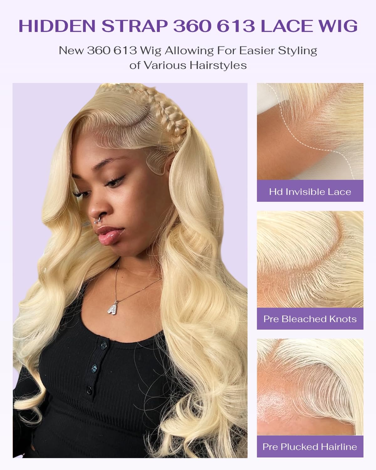wigcool Hidden Strap Body Wave 360 613 Lace Front Wig Human Hair Glueless Wigs Human hair Pre Plucked Pre Bleached 180% Density Blonde Wig With Drawstring HD Full Lace Human Hair Wigs 20Inch