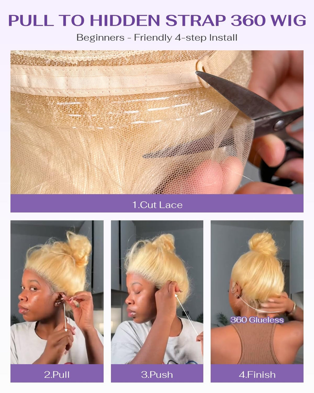 wigcool Hidden Strap Body Wave 360 613 Lace Front Wig Human Hair Glueless Wigs Human hair Pre Plucked Pre Bleached 180% Density Blonde Wig With Drawstring HD Full Lace Human Hair Wigs 20Inch