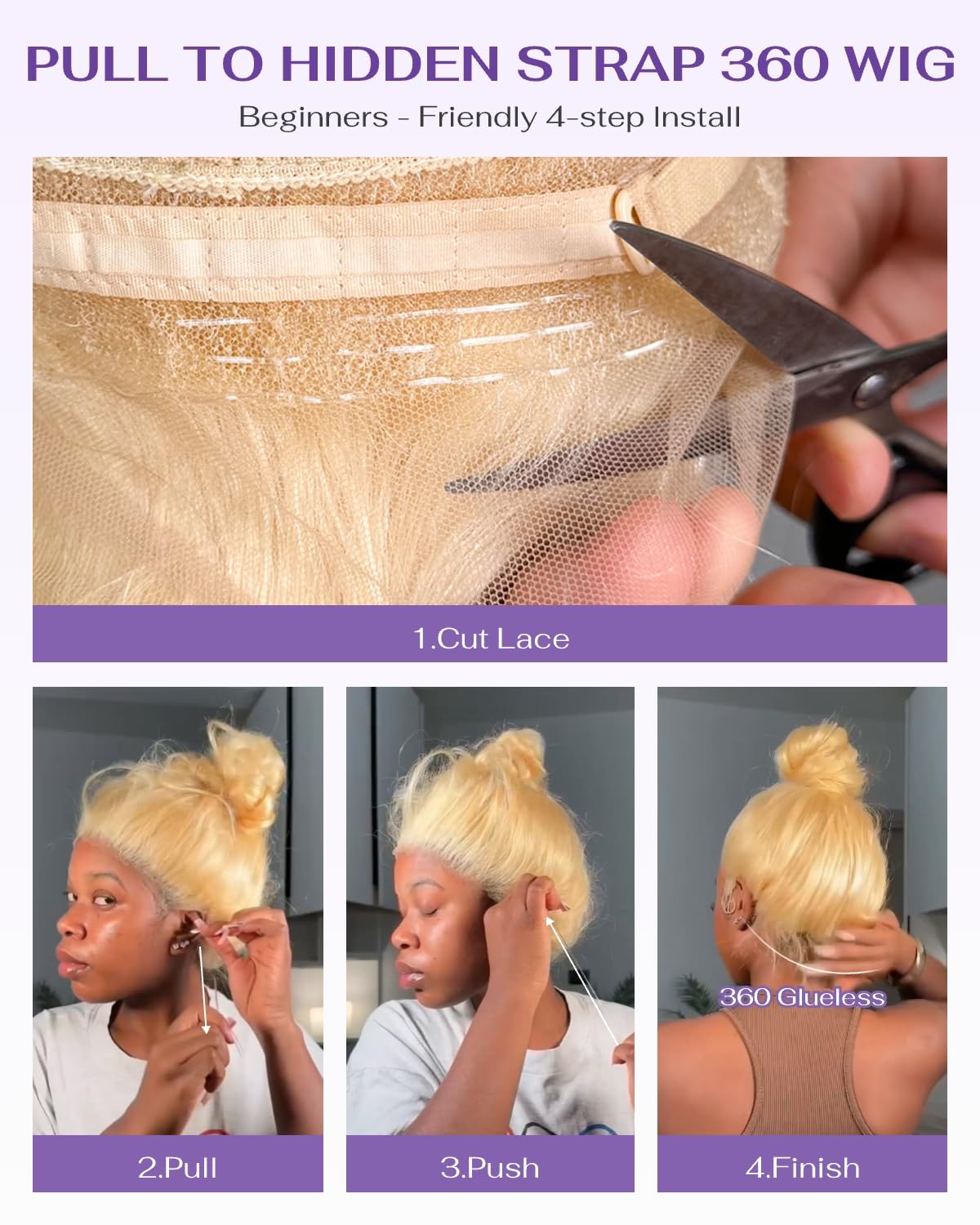 wigcool Hidden Strap Body Wave 360 613 Lace Front Wig Human Hair Glueless Wigs Human hair Pre Plucked Pre Bleached 180% Density Blonde Wig With Drawstring HD Full Lace Human Hair Wigs 20Inch